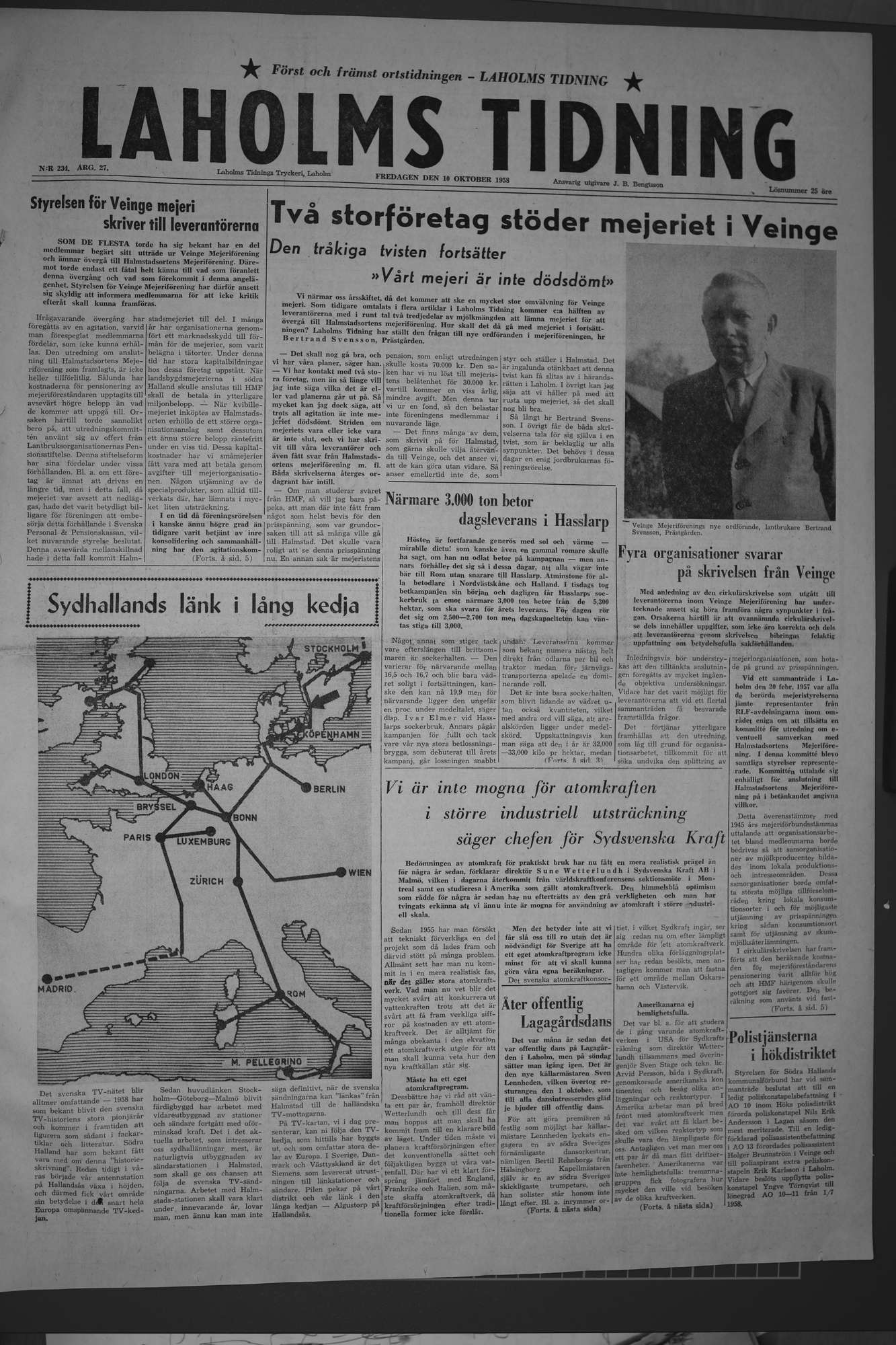 Laholms Tidning Fredag 10 oktober 1958, sida 1