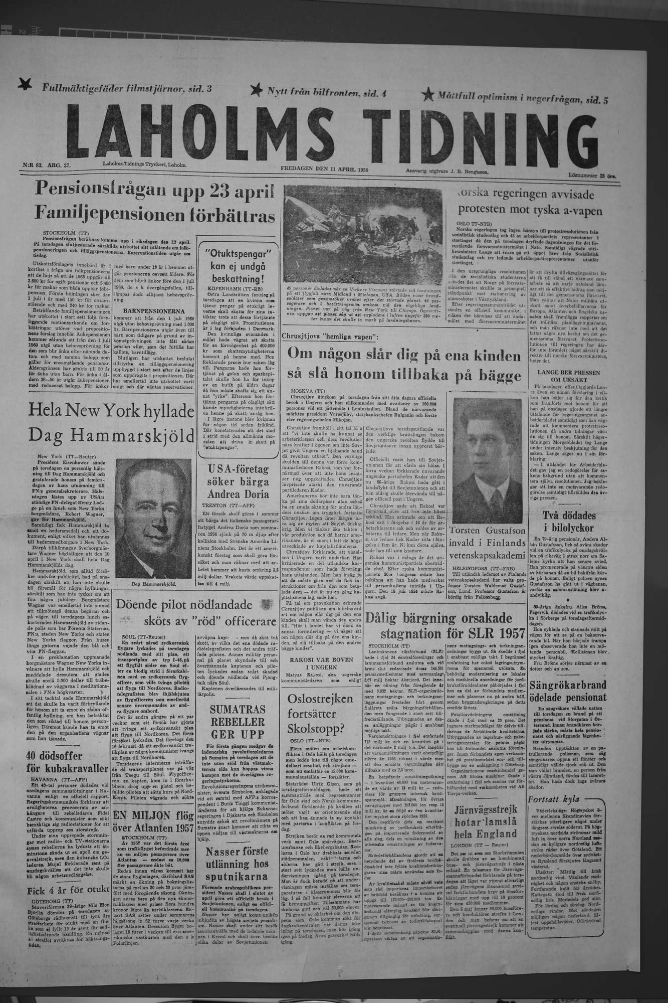 Laholms Tidning Fredag 11 april 1958, sida 1