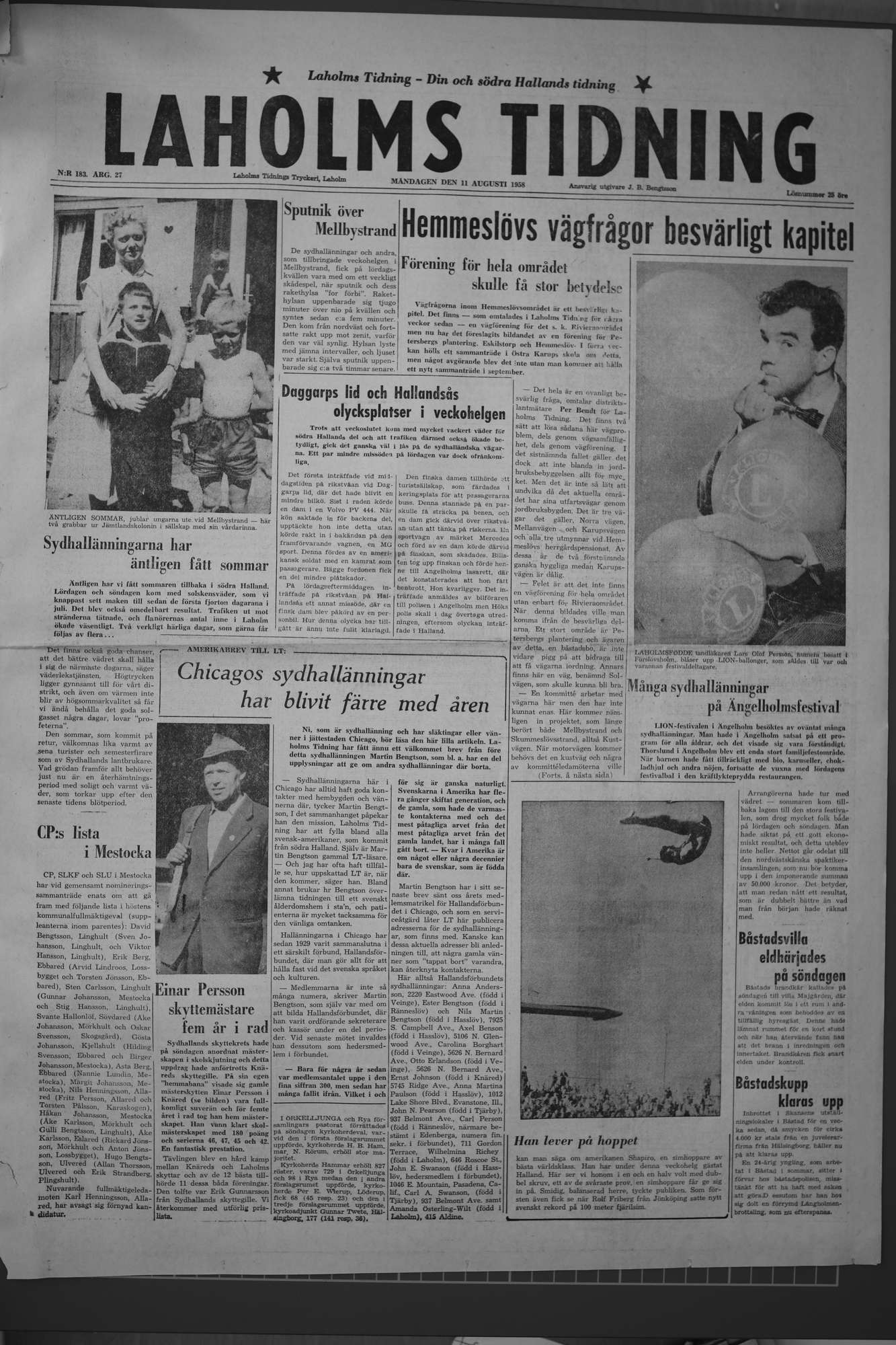 Laholms Tidning Måndag 11 augusti 1958, sida 1