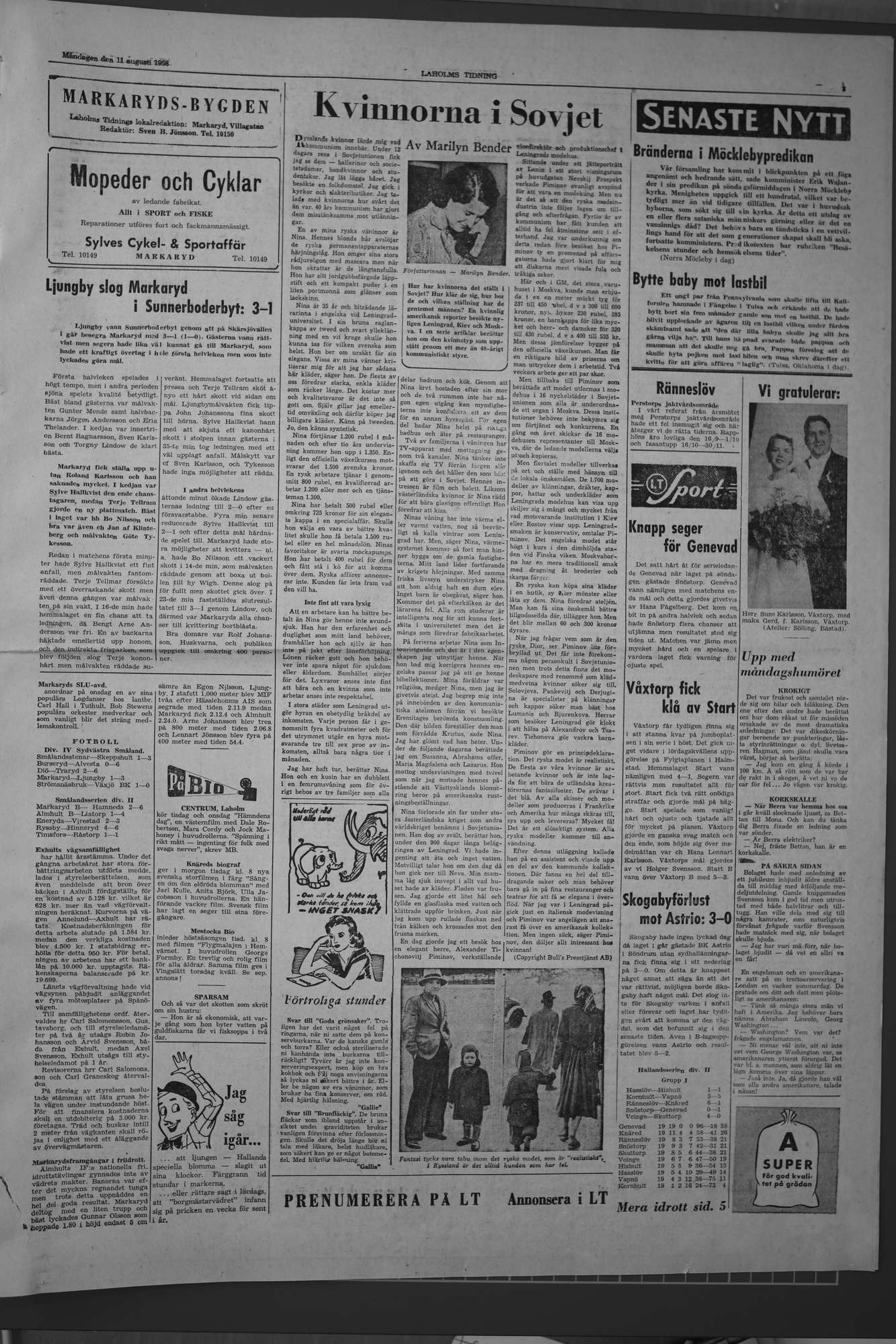 Laholms Tidning Måndag 11 augusti 1958, sida 3