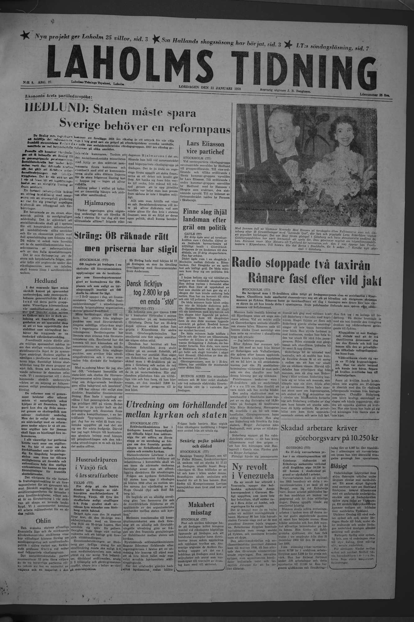 Laholms Tidning Lördag 11 januari 1958, sida 1