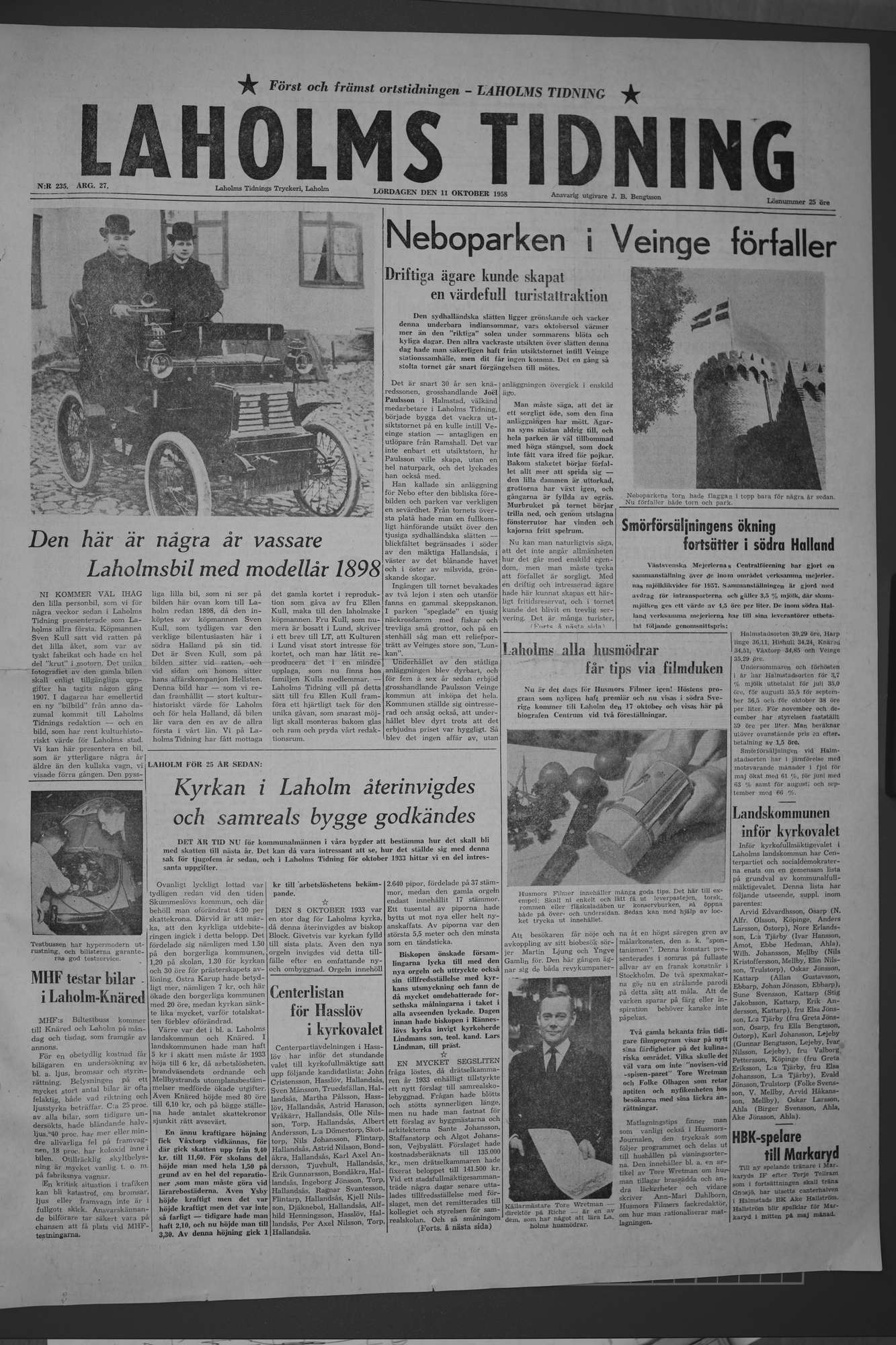 Laholms Tidning Lördag 11 oktober 1958, sida 1