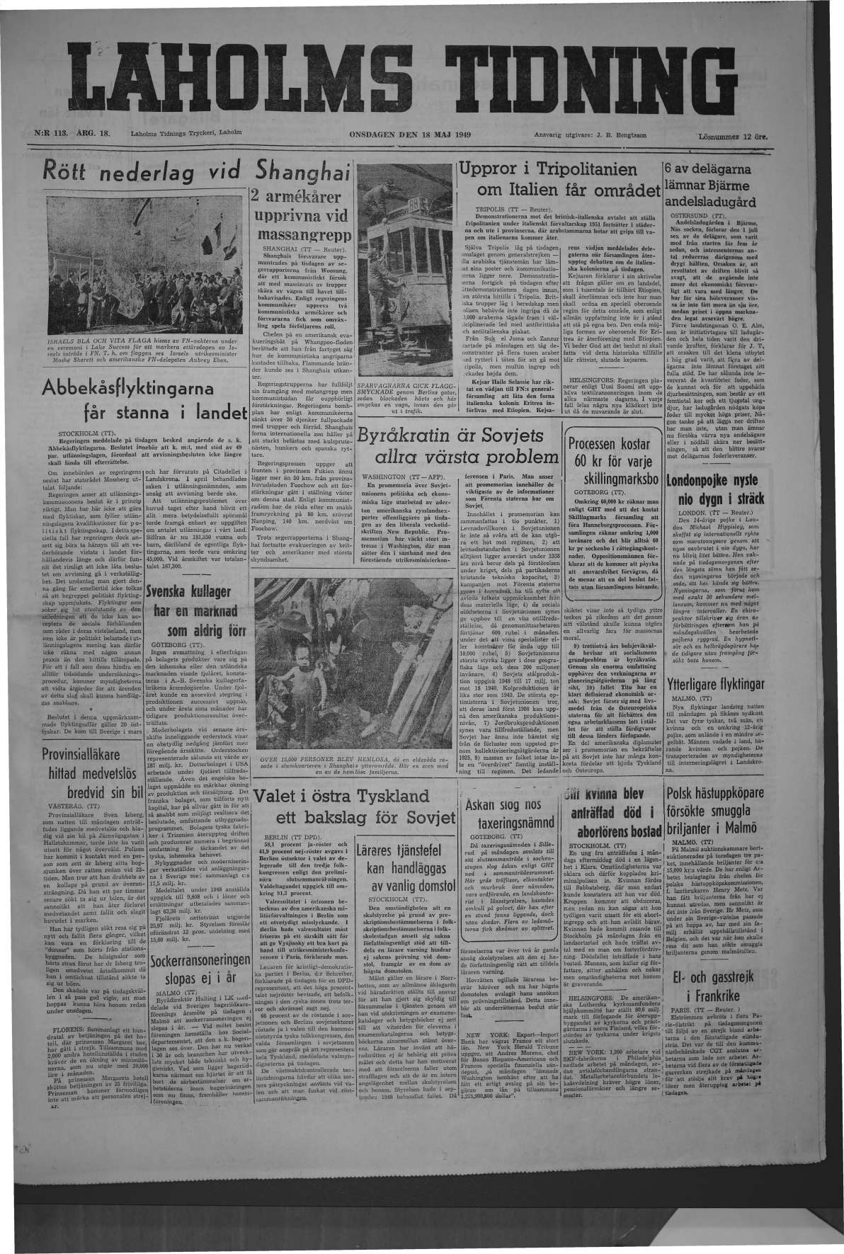 Laholms Tidning Onsdag 18 maj 1949, sida 1