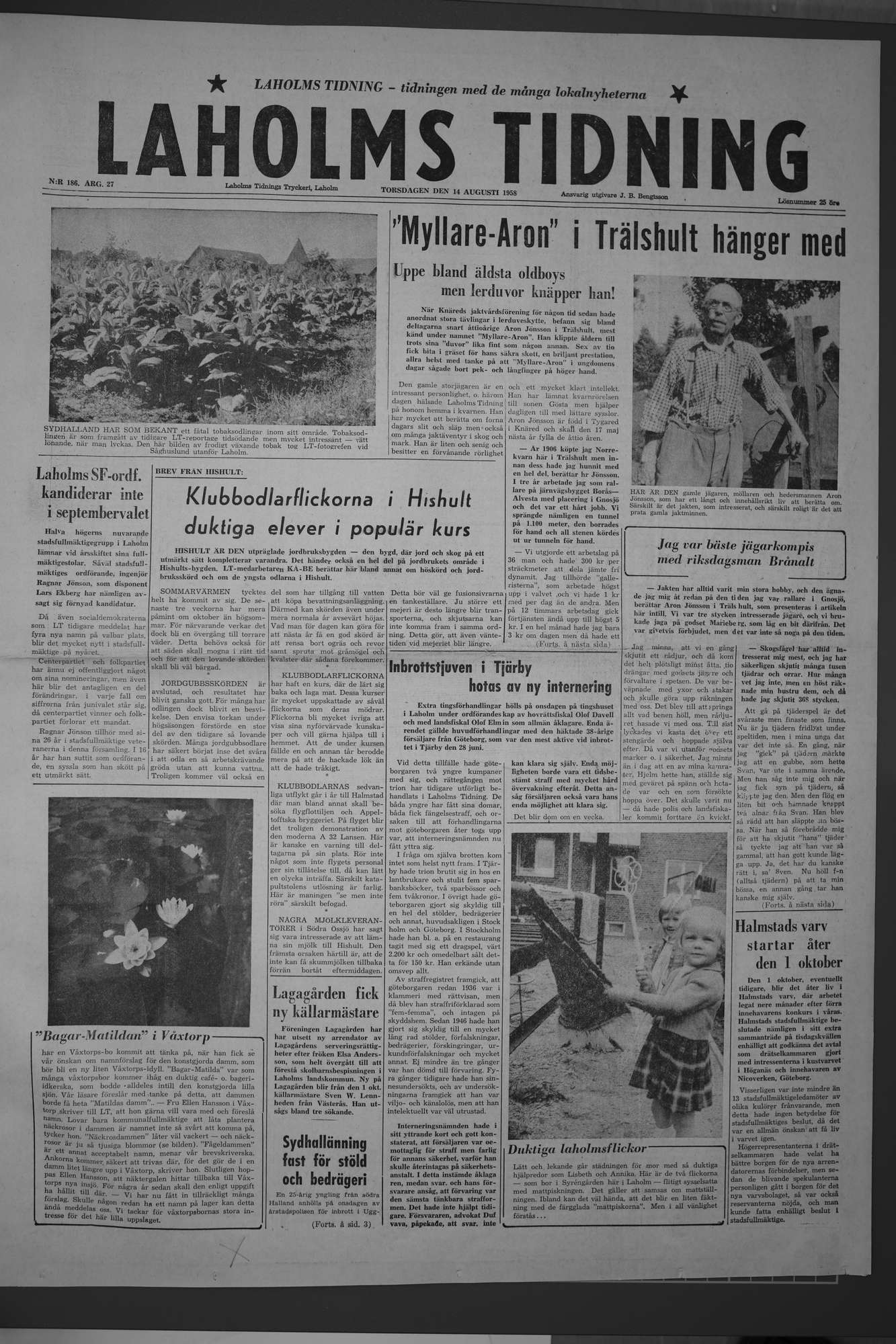 Laholms Tidning Torsdag 14 augusti 1958, sida 1