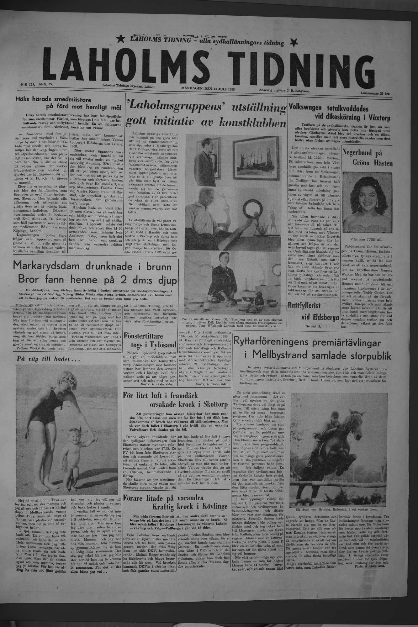 Laholms Tidning Måndag 14 juli 1958, sida 1