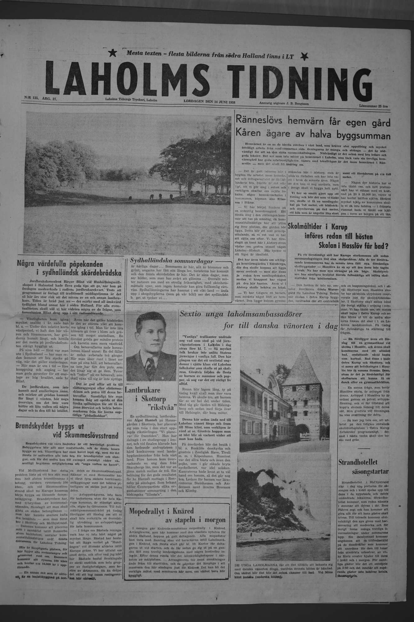 Laholms Tidning Lördag 14 juni 1958, sida 1
