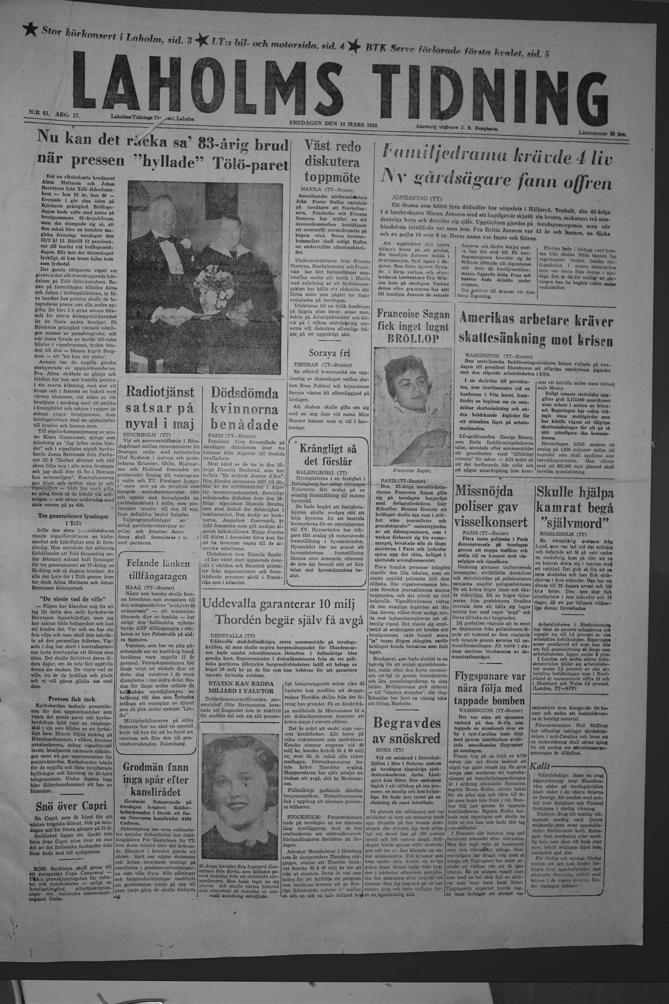 Laholms Tidning Fredag 14 mars 1958, sida 1