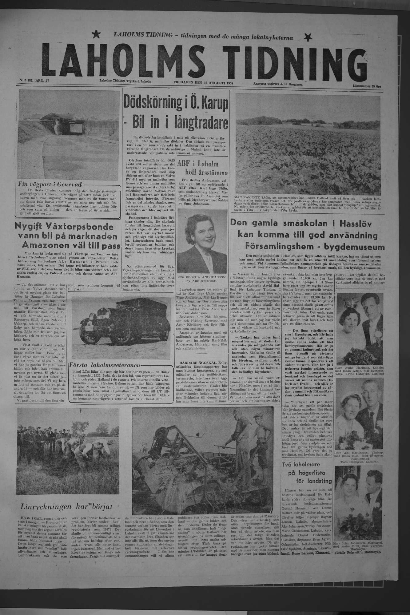 Laholms Tidning Fredag 15 augusti 1958, sida 1