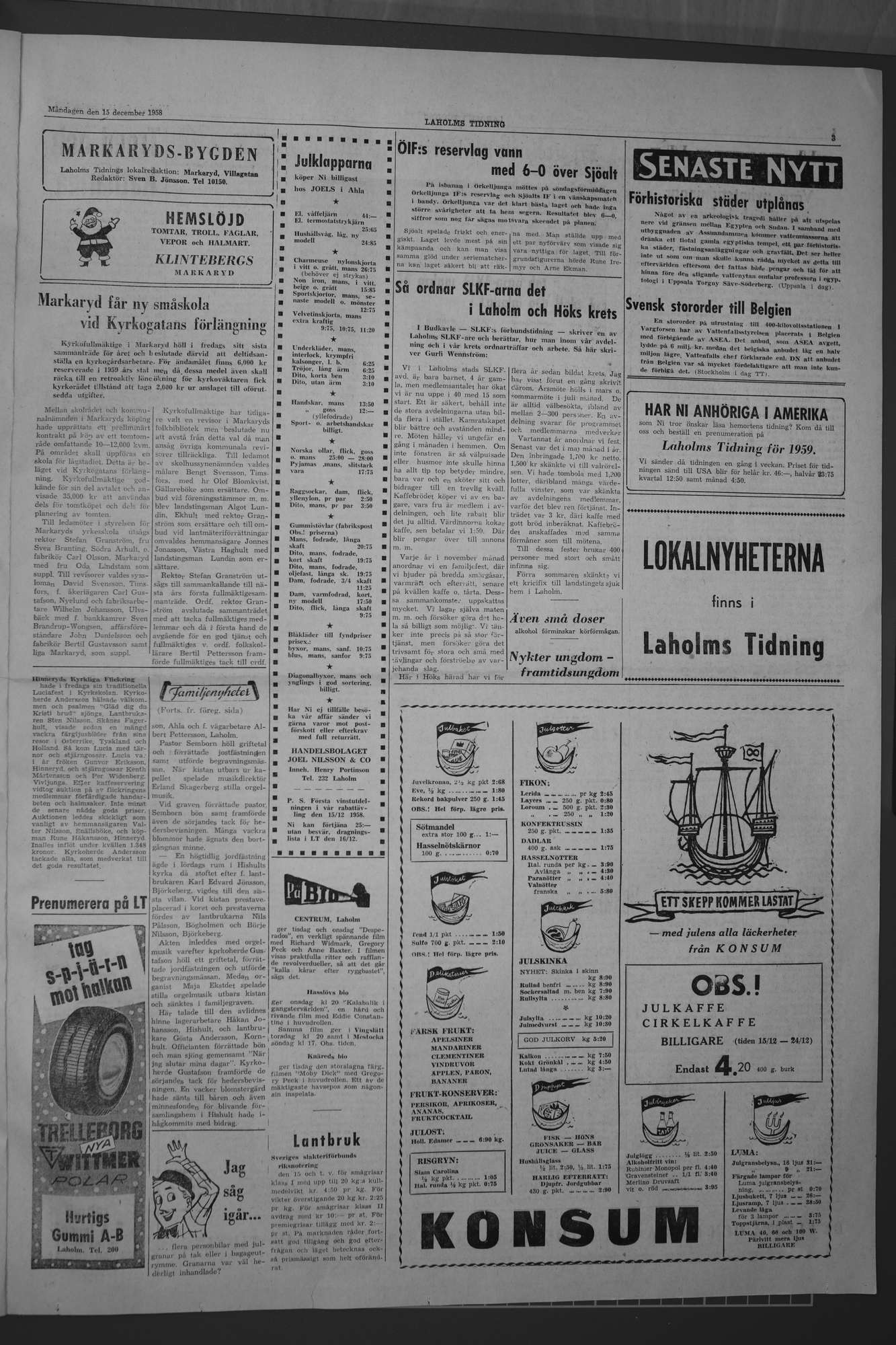 Laholms Tidning Måndag 15 december 1958, sida 3