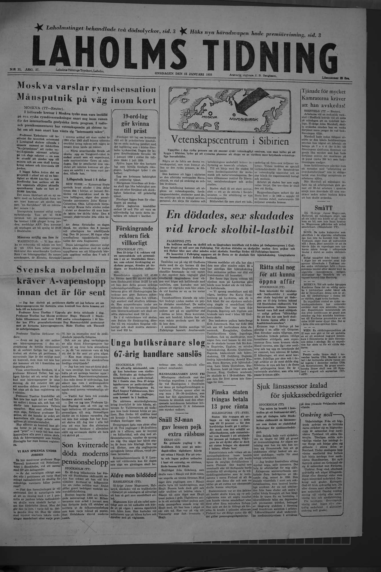 Laholms Tidning Onsdag 15 januari 1958, sida 1