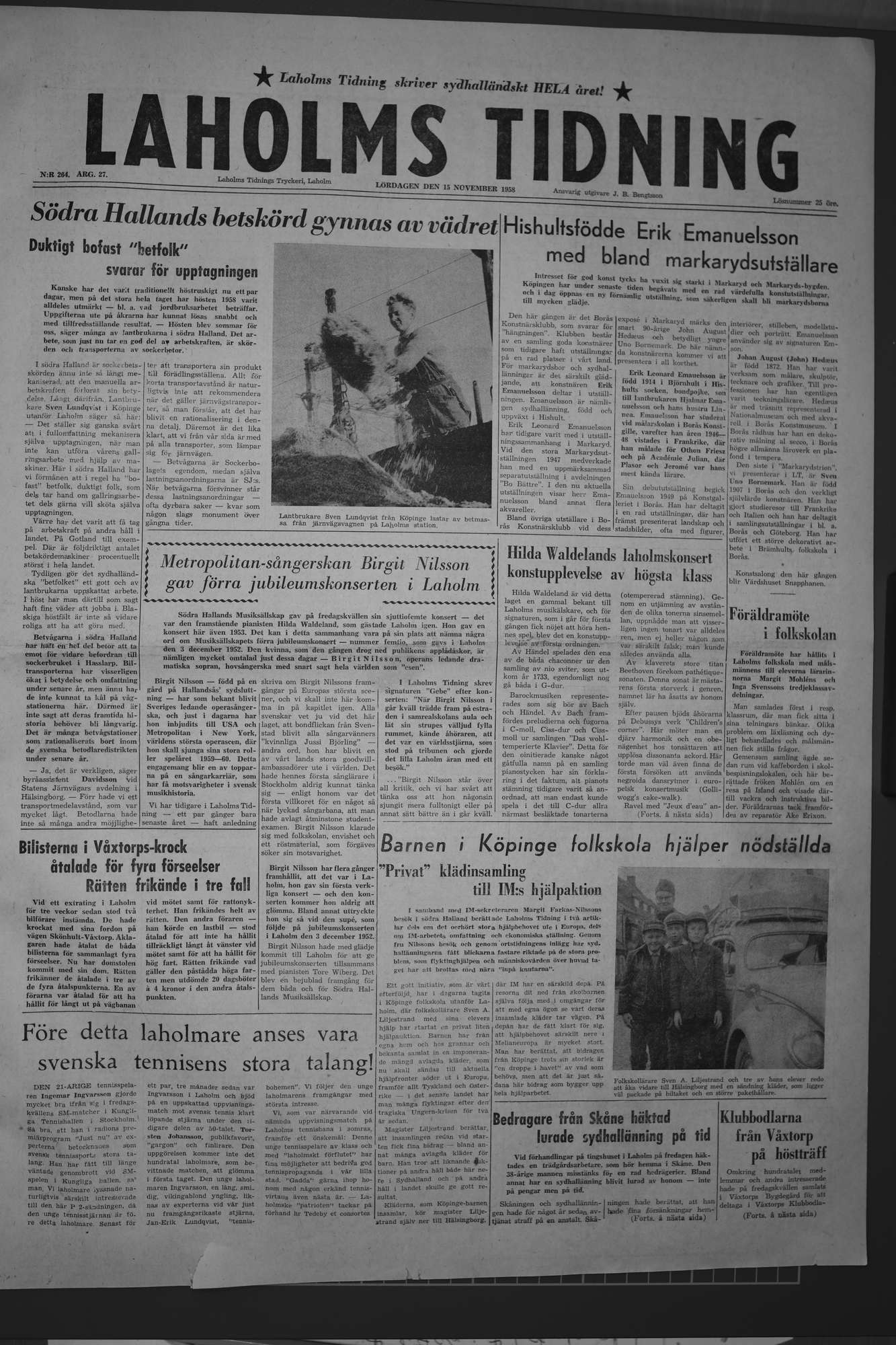 Laholms Tidning Lördag 15 november 1958, sida 1