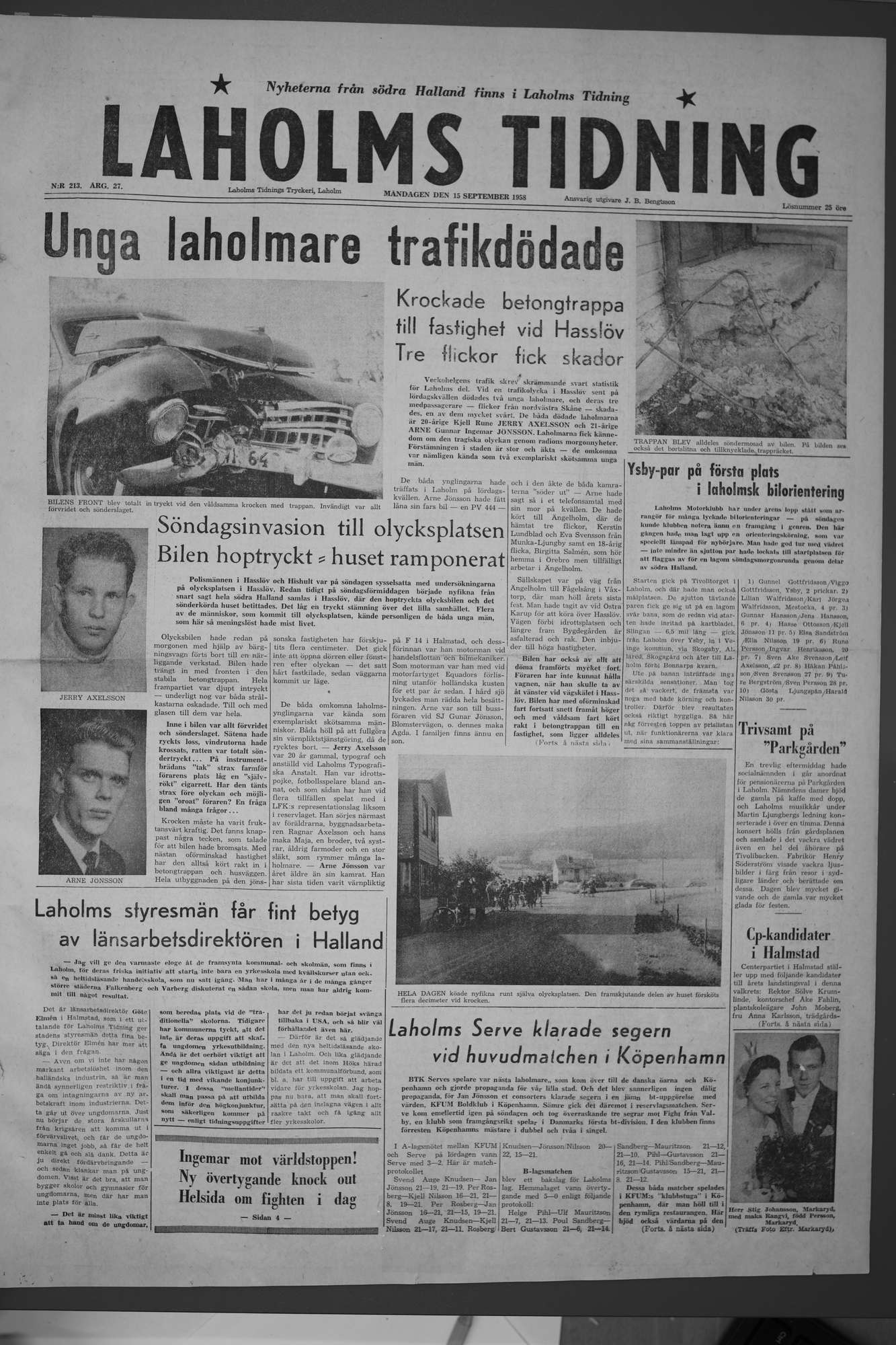 Laholms Tidning Måndag 15 september 1958, sida 1