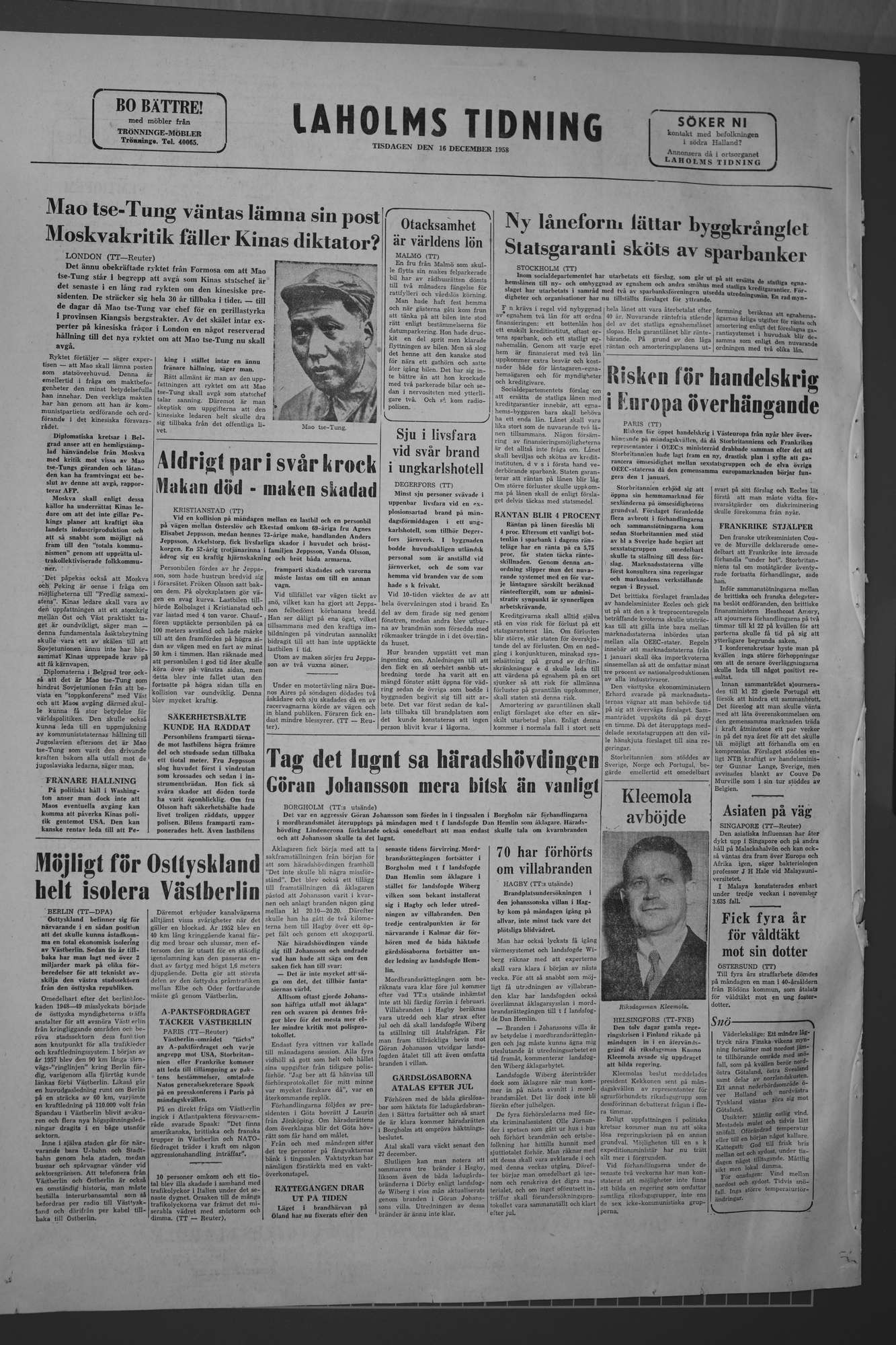 Laholms Tidning Tisdag 16 december 1958, sida 8