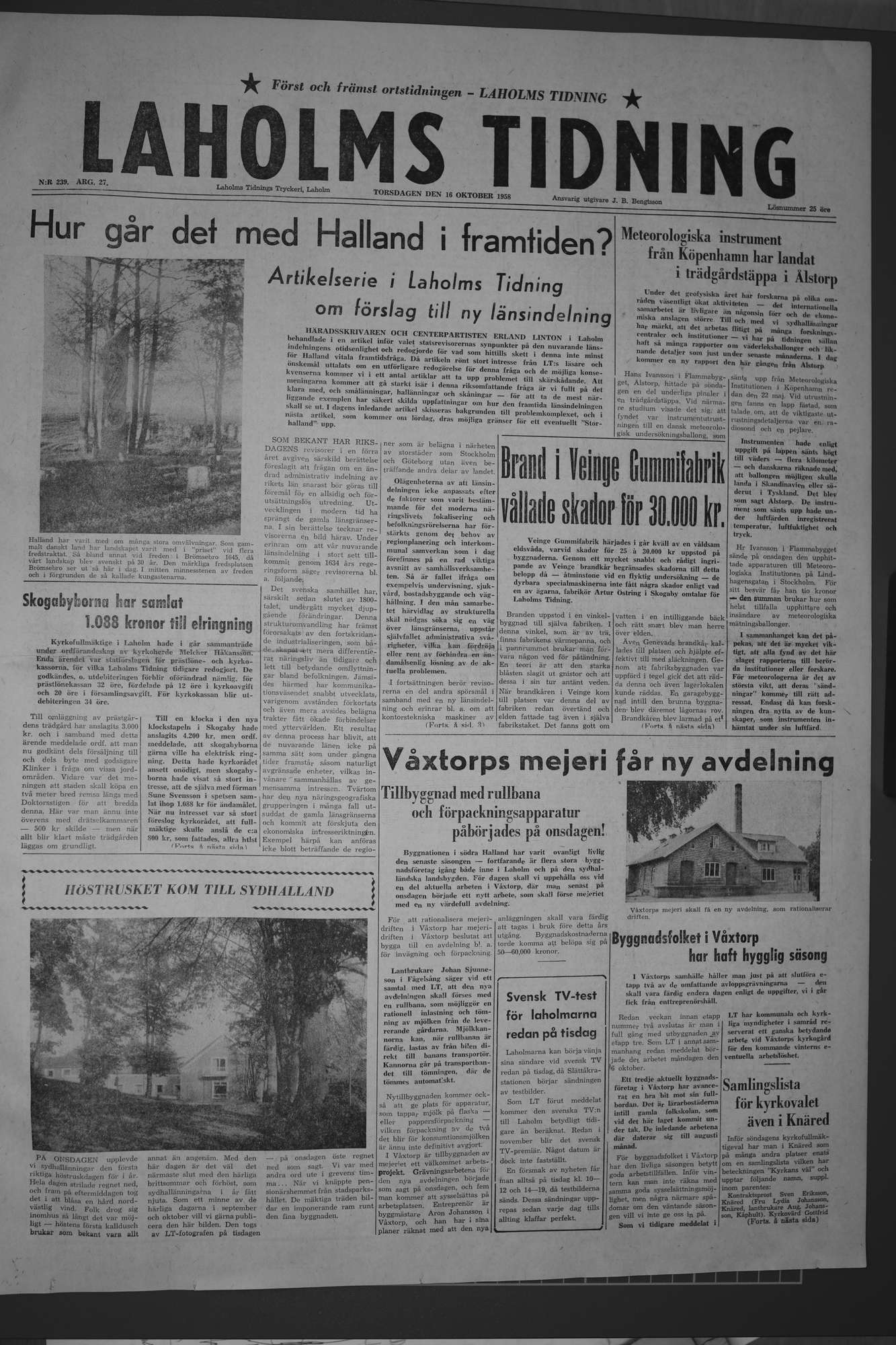 Laholms Tidning Torsdag 16 oktober 1958, sida 1