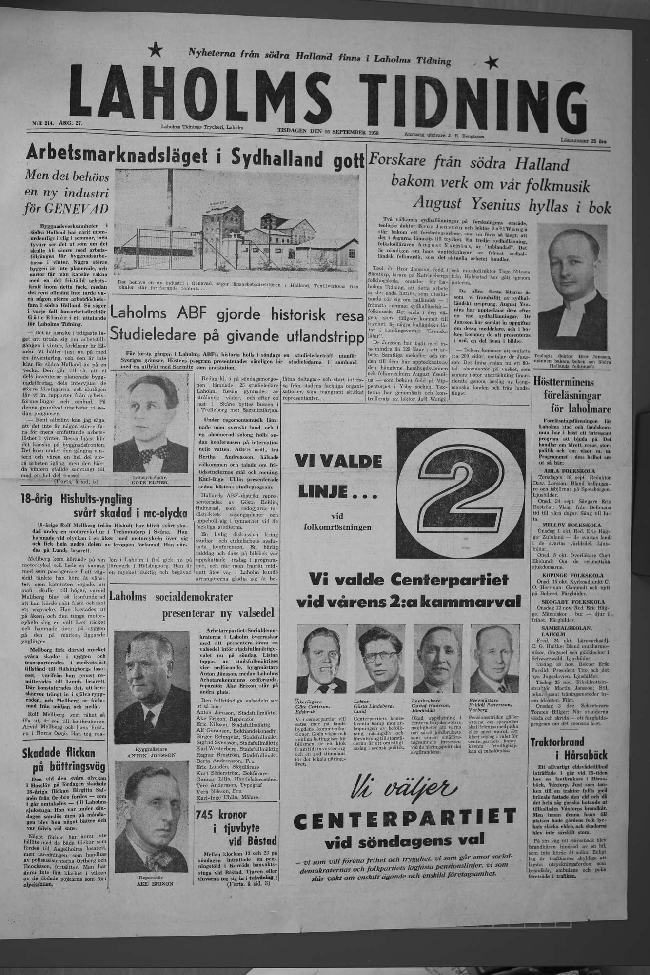 Laholms Tidning Tisdag 16 september 1958, sida 1