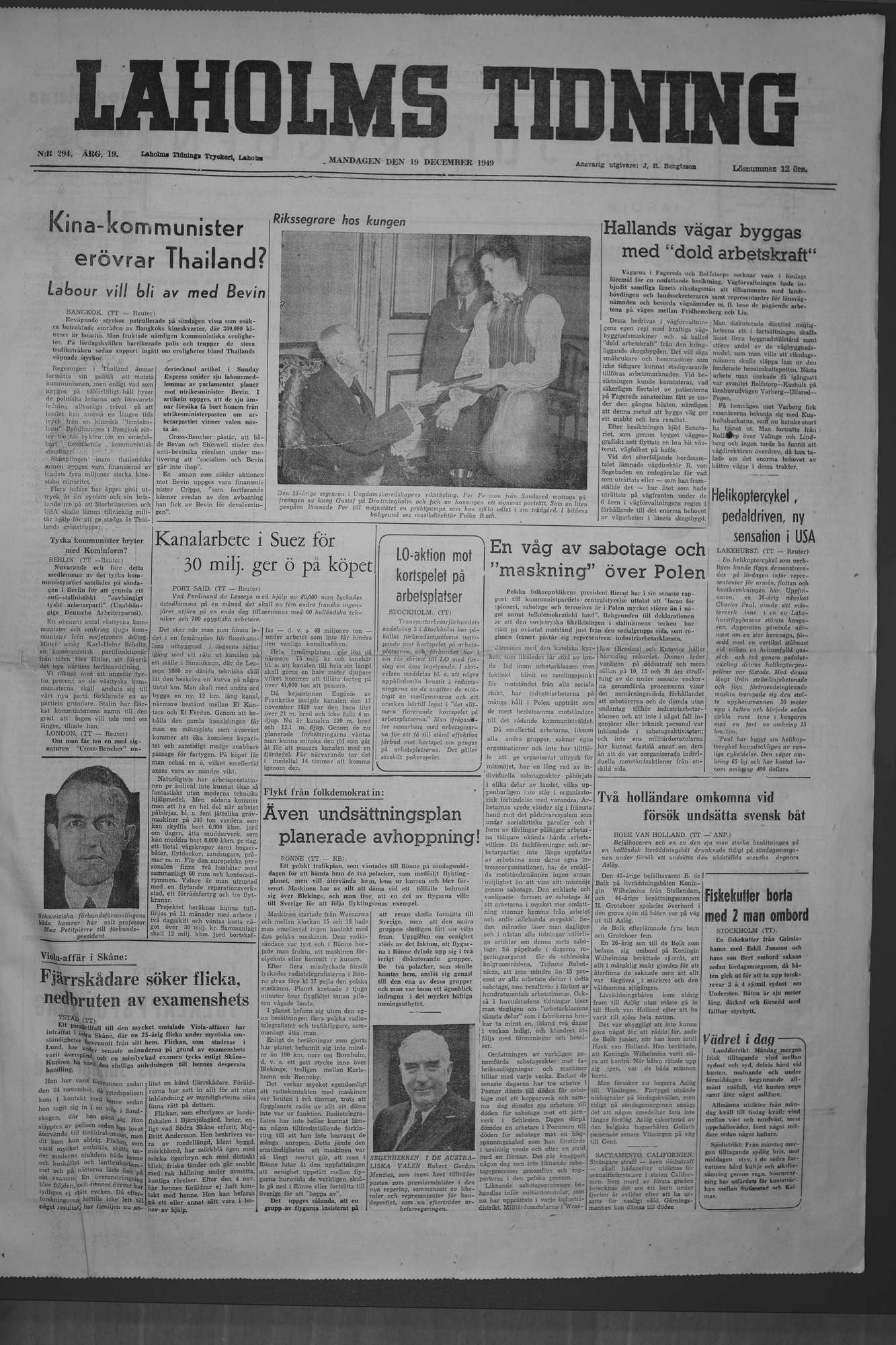 Laholms Tidning Måndag 19 december 1949, sida 1