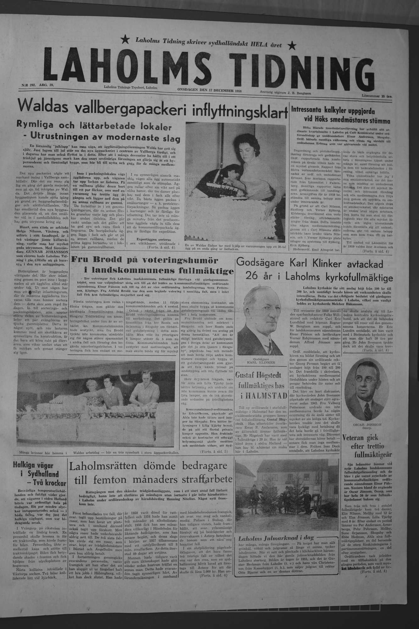Laholms Tidning Onsdag 17 december 1958, sida 1