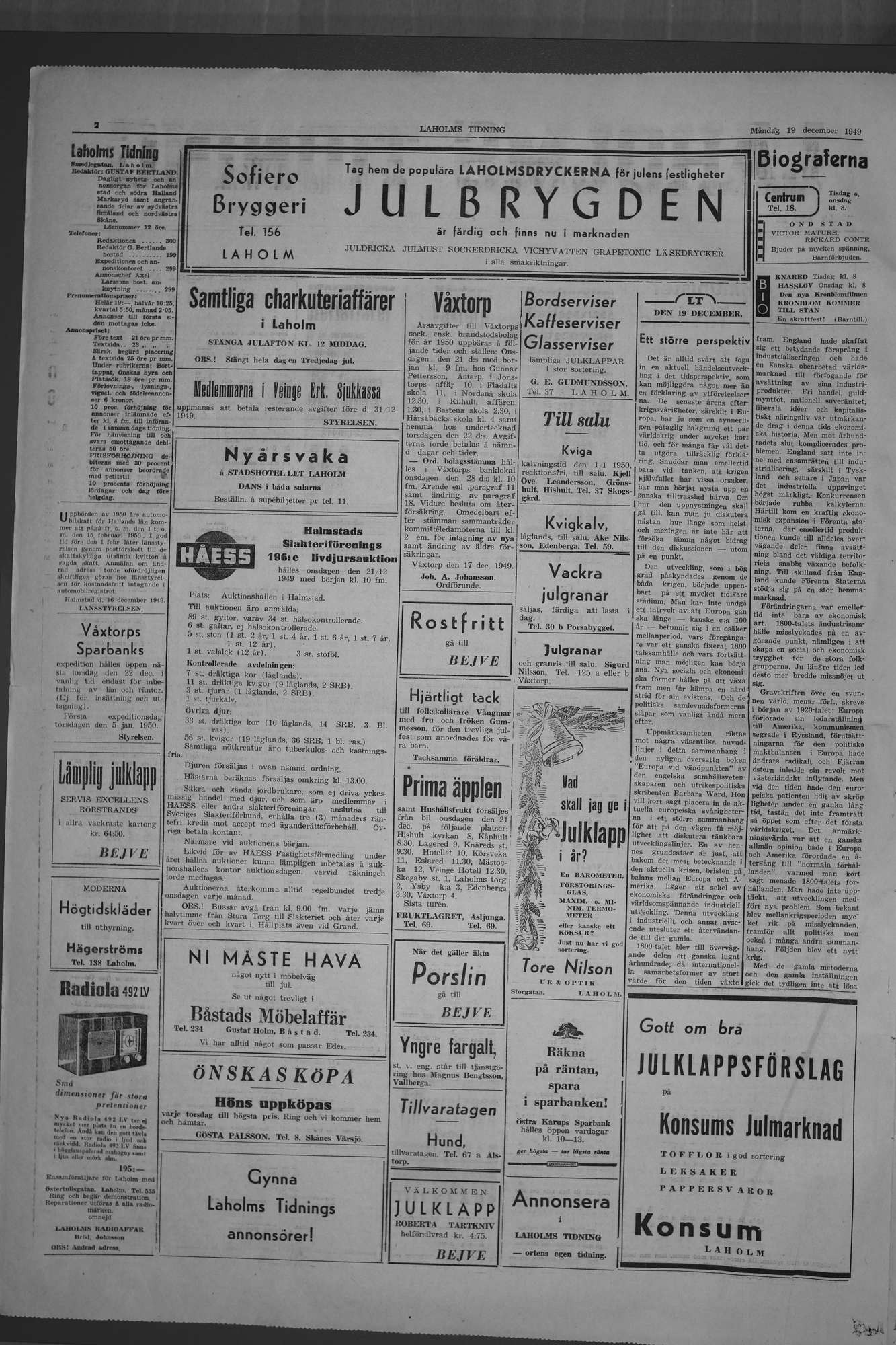 Laholms Tidning Måndag 19 december 1949, sida 2