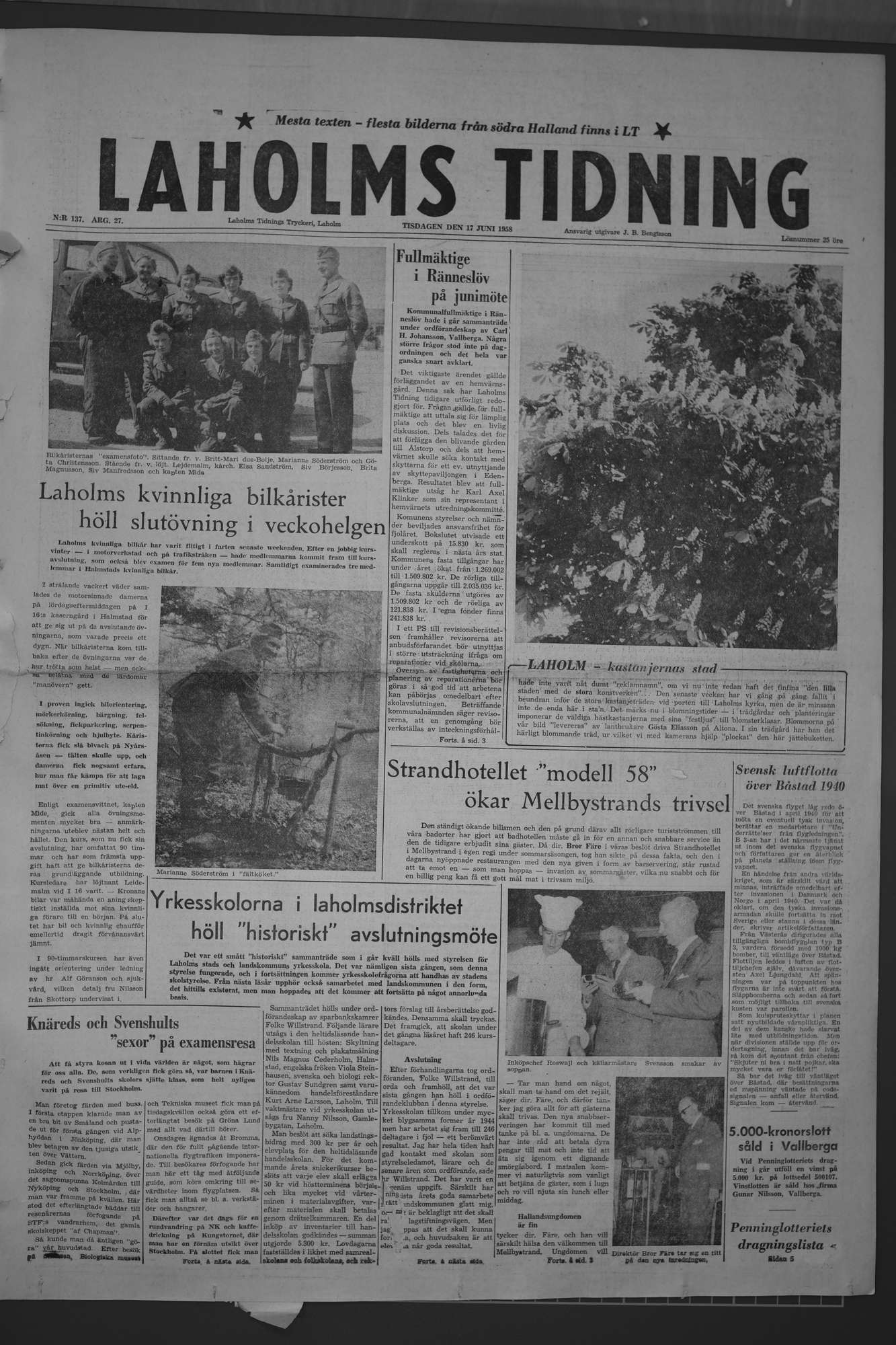 Laholms Tidning Tisdag 17 juni 1958, sida 1