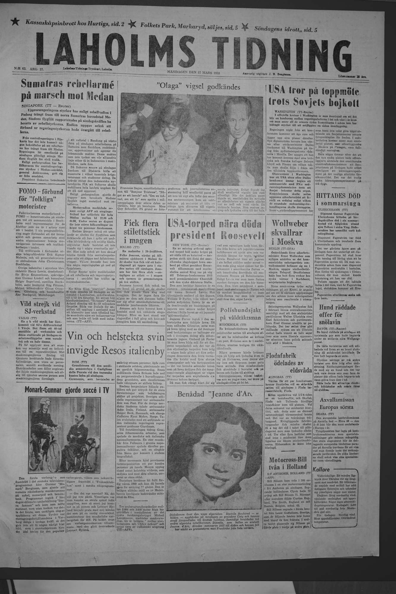 Laholms Tidning Måndag 17 mars 1958, sida 1
