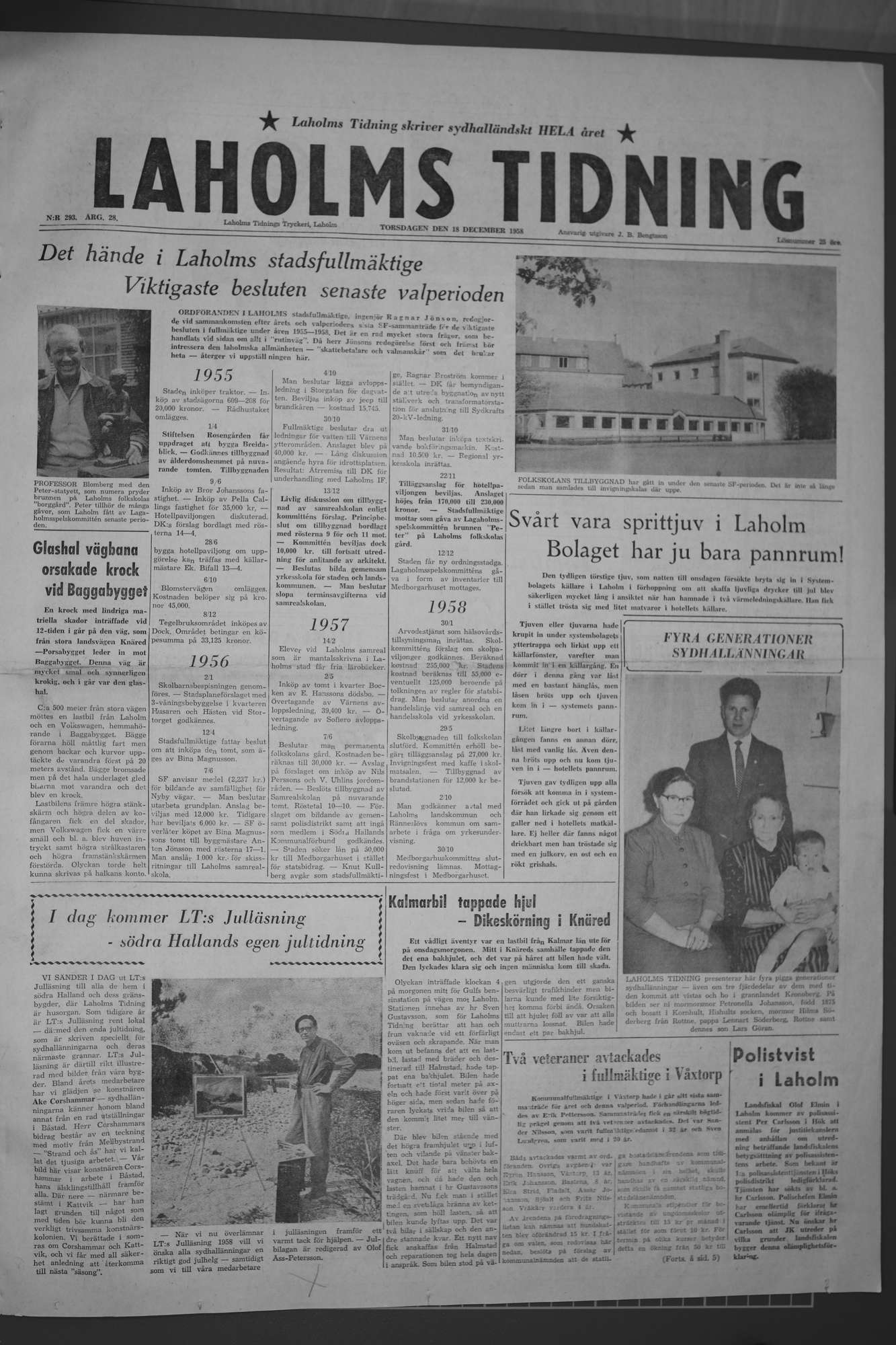 Laholms Tidning Torsdag 18 december 1958, sida 1