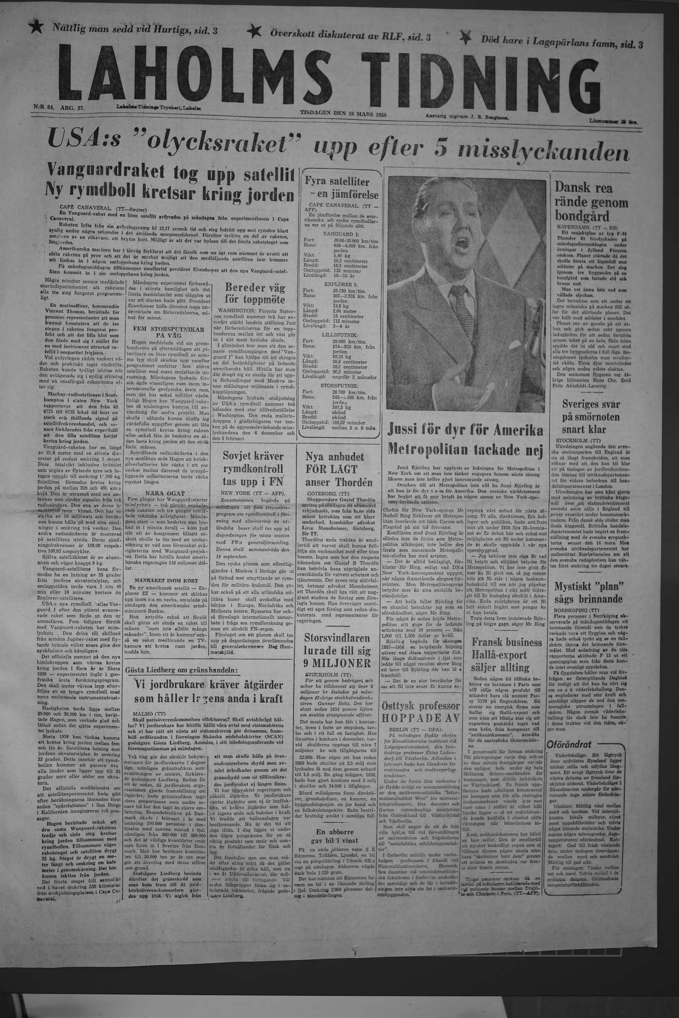 Laholms Tidning Tisdag 18 mars 1958, sida 1