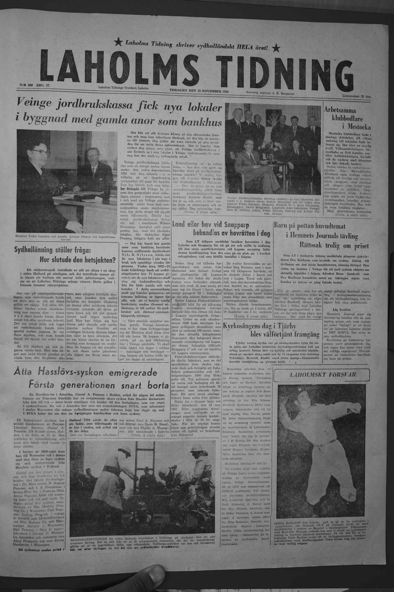 Laholms Tidning Tisdag 18 november 1958, sida 1