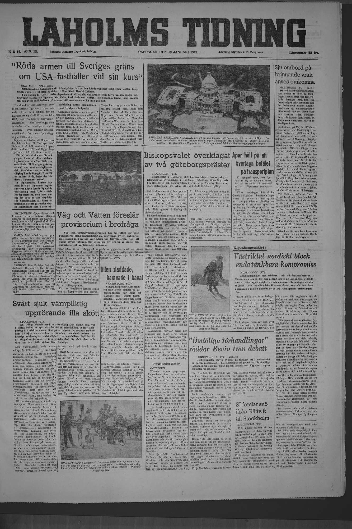 Laholms Tidning Onsdag 19 januari 1949, sida 1