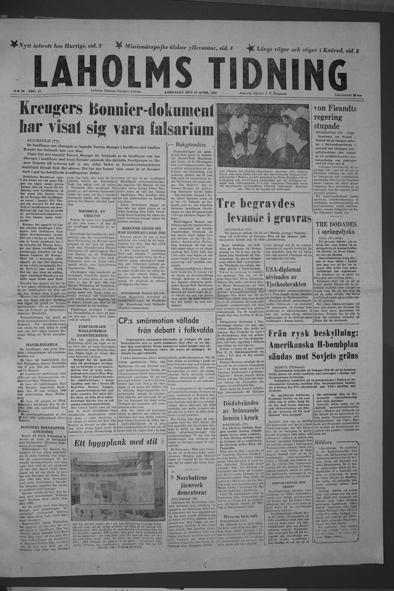 Laholms Tidning Lördag 19 april 1958, sida 1