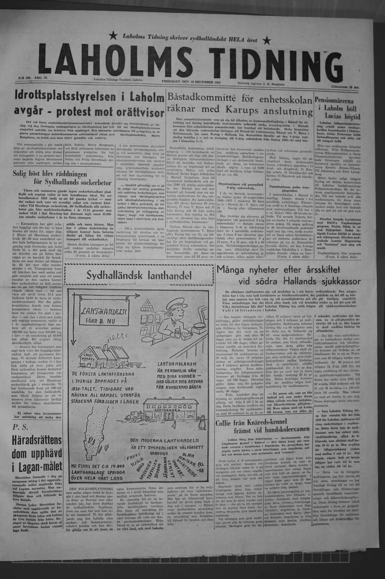 Laholms Tidning Fredag 19 december 1958, sida 1