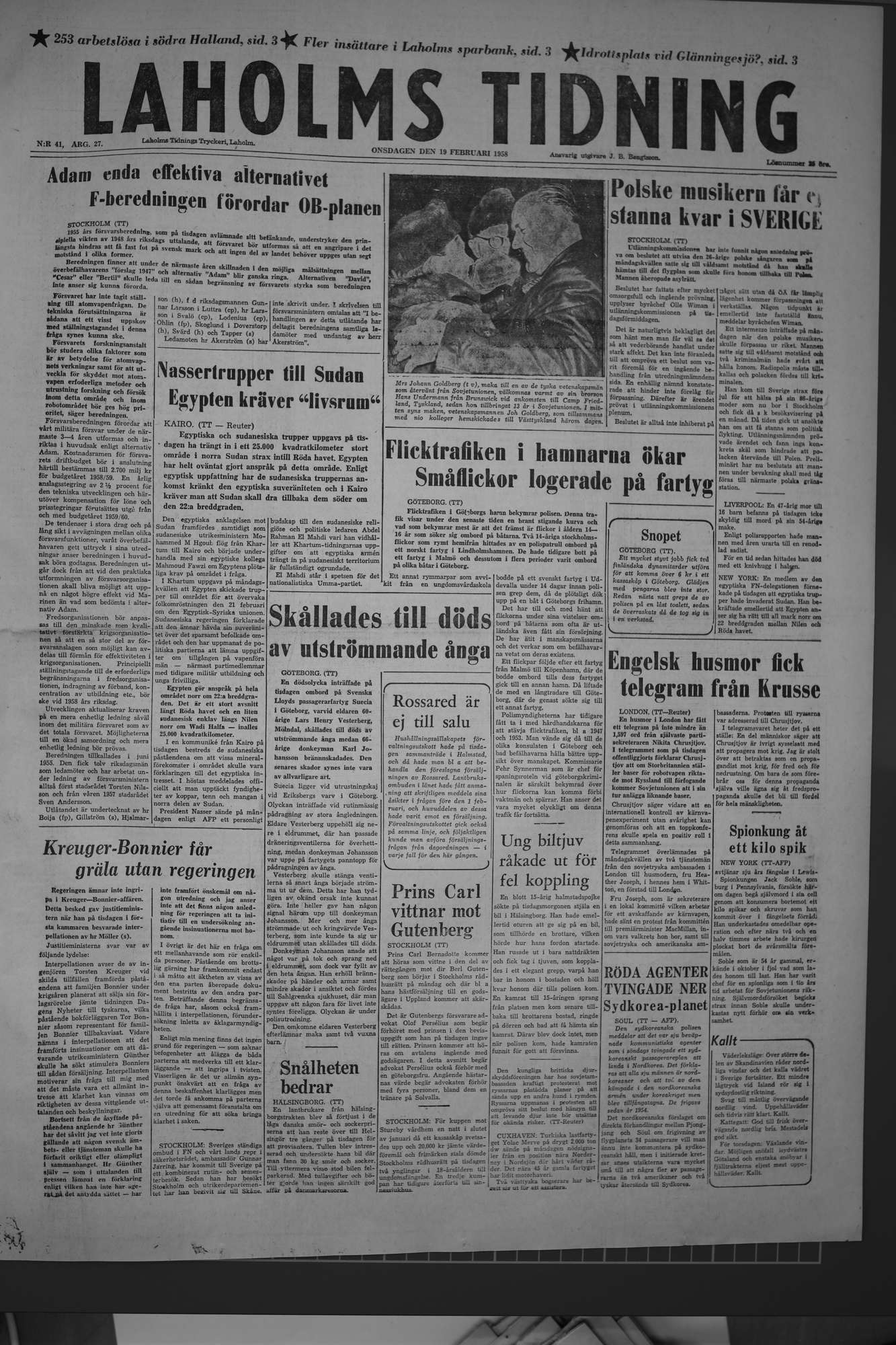 Laholms Tidning Onsdag 19 februari 1958, sida 1