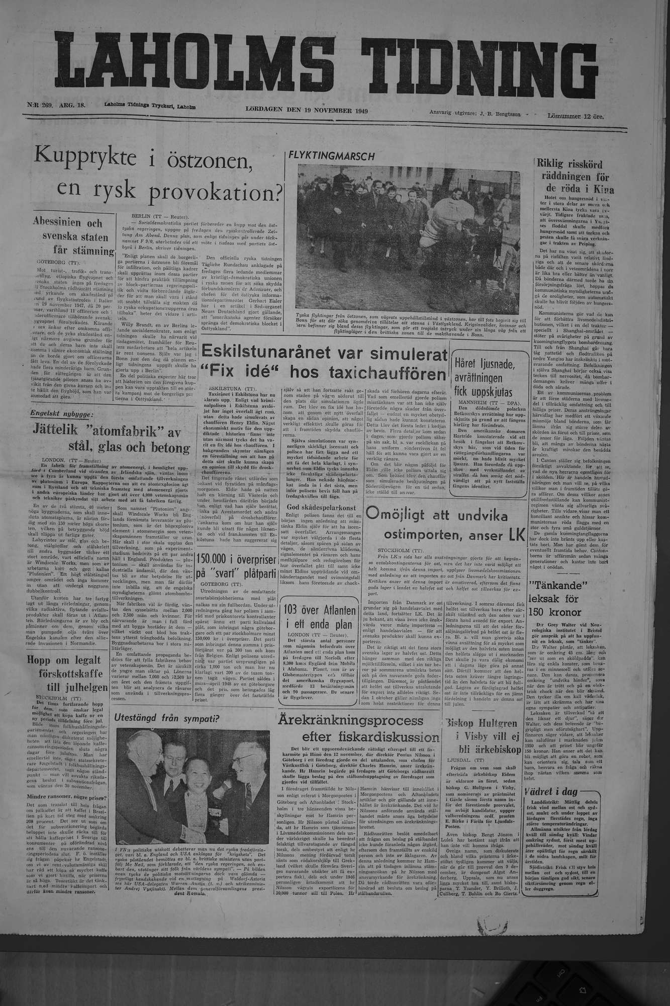 Laholms Tidning Lördag 19 november 1949, sida 1