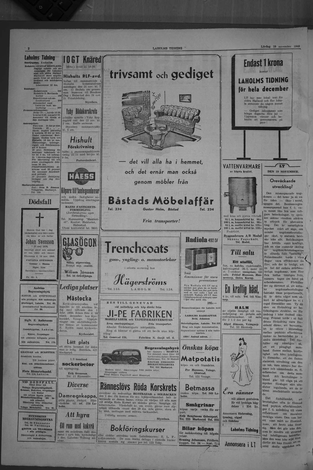 Laholms Tidning Lördag 19 november 1949, sida 2