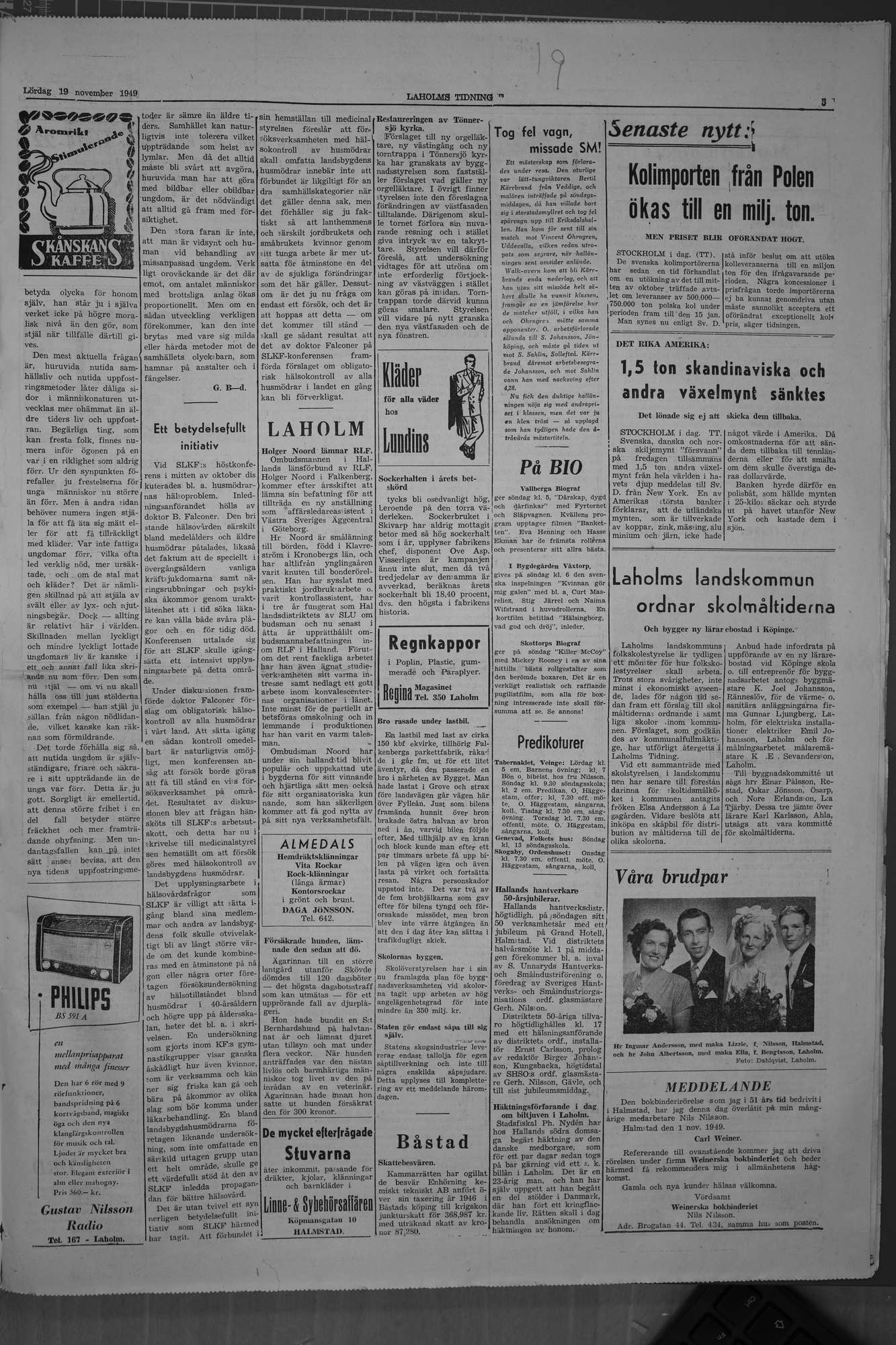 Laholms Tidning Lördag 19 november 1949, sida 3