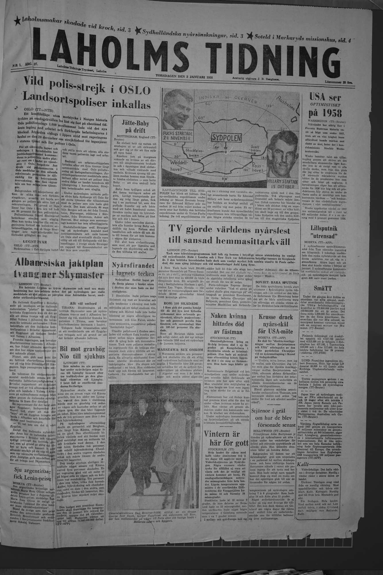 Laholms Tidning Torsdag 2 januari 1958, sida 1