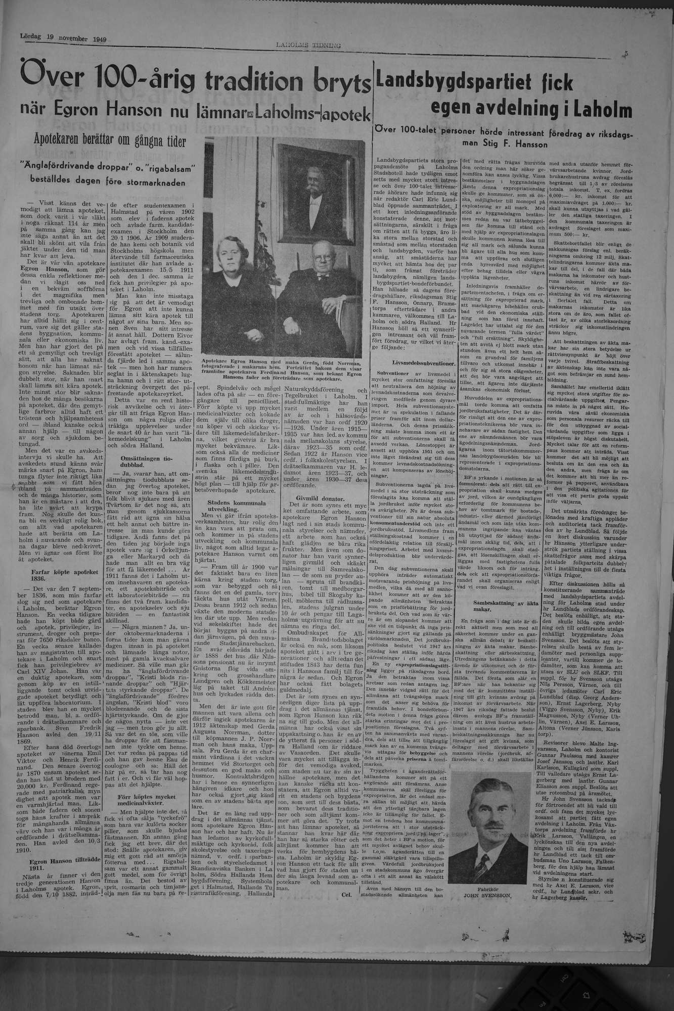 Laholms Tidning Lördag 19 november 1949, sida 5