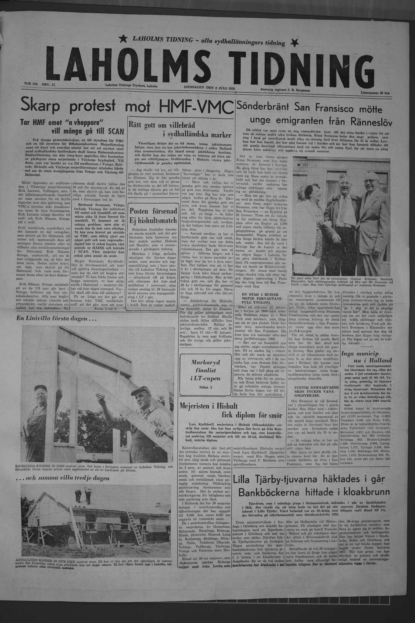 Laholms Tidning Onsdag 2 juli 1958, sida 1