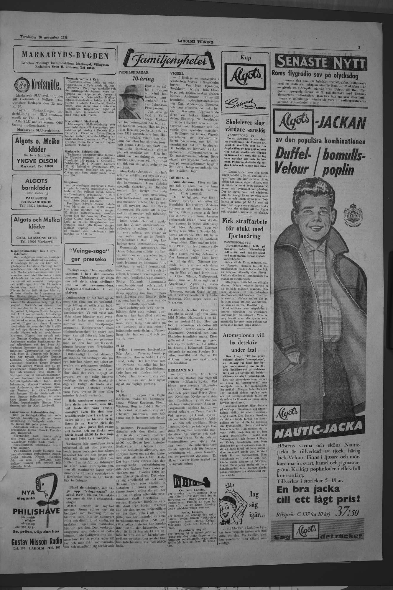 Laholms Tidning Torsdag 20 november 1958, sida 3