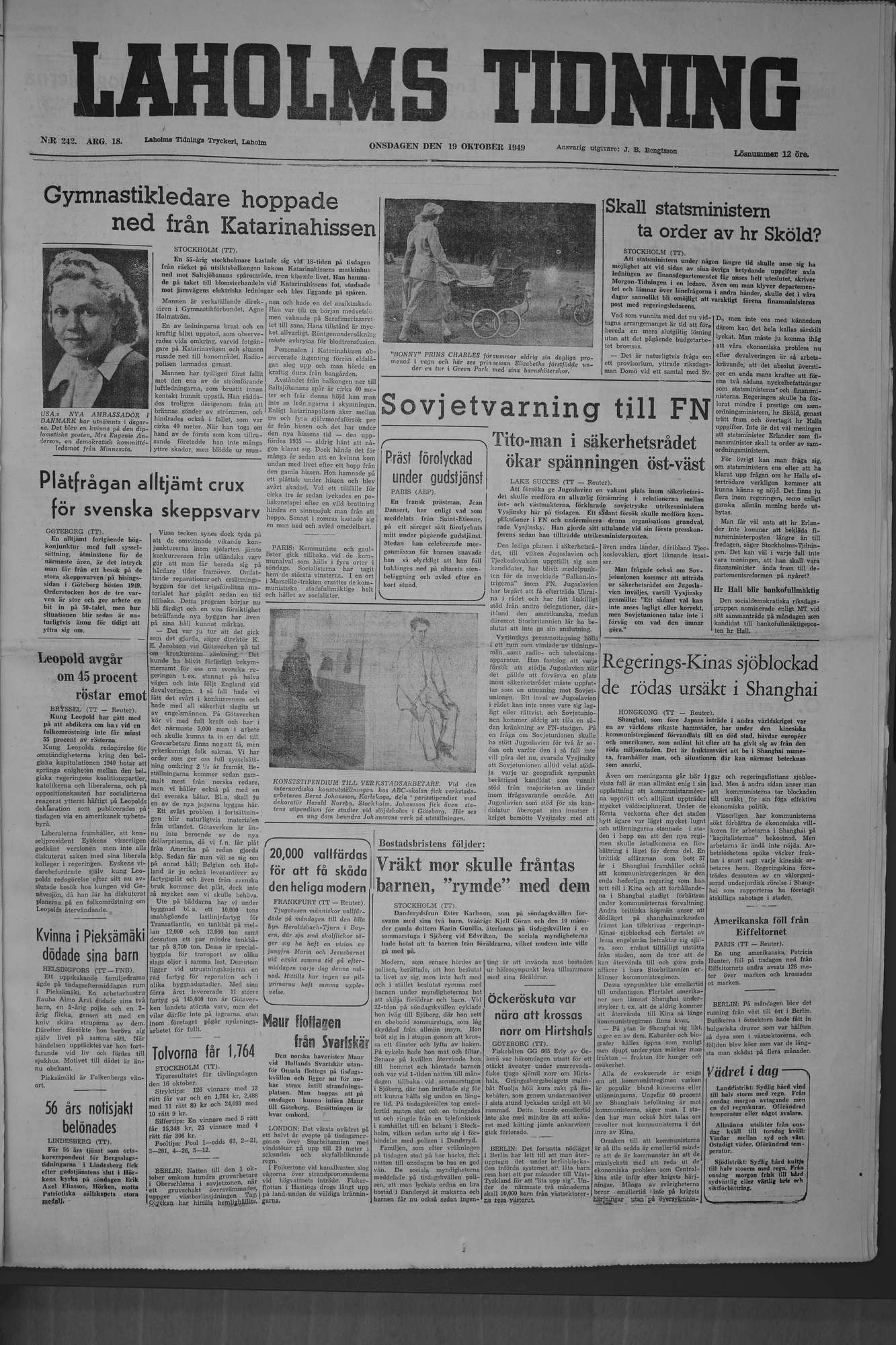 Laholms Tidning Onsdag 19 oktober 1949, sida 1