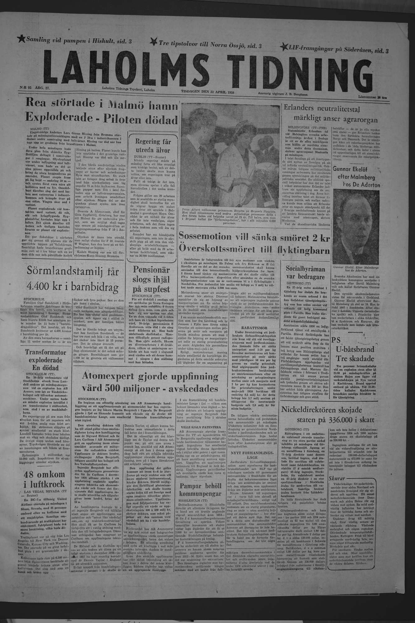 Laholms Tidning Tisdag 22 april 1958, sida 1