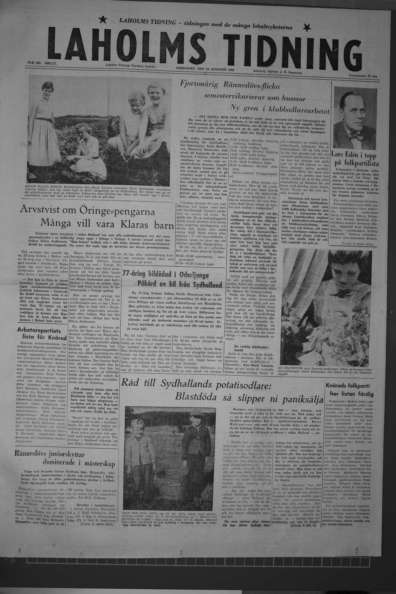 Laholms Tidning Fredag 22 augusti 1958, sida 1