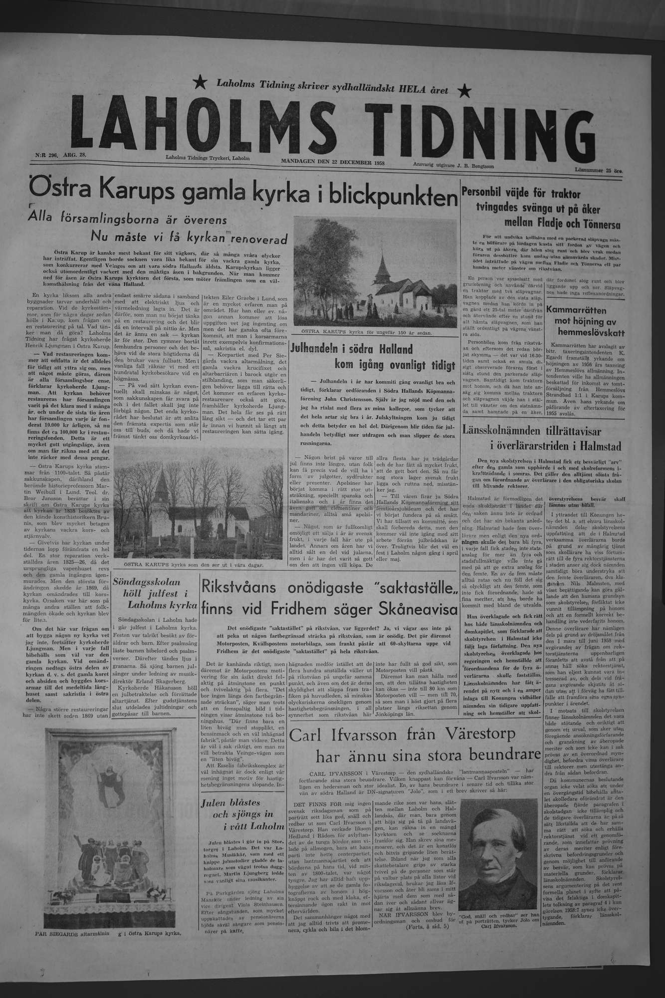 Laholms Tidning Måndag 22 december 1958, sida 1