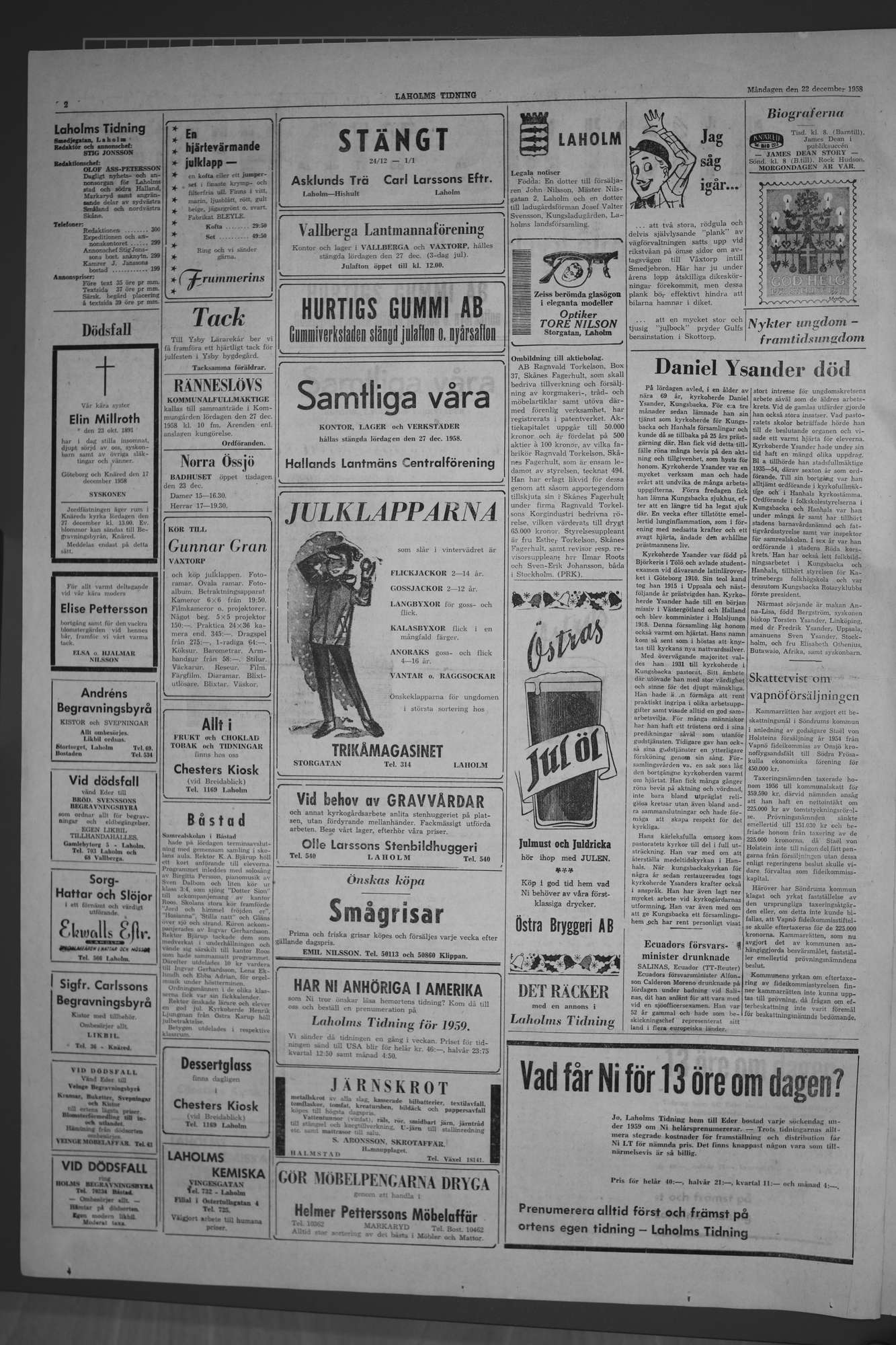 Laholms Tidning Måndag 22 december 1958, sida 2