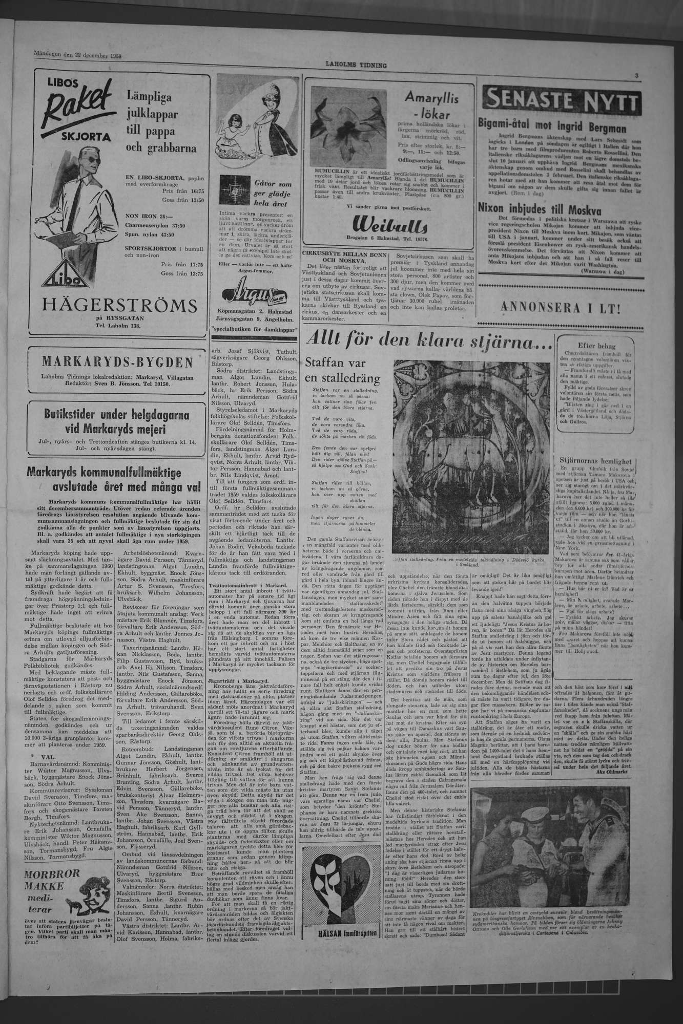 Laholms Tidning Måndag 22 december 1958, sida 3