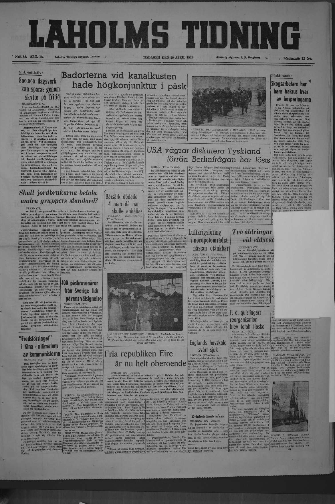 Laholms Tidning Tisdag 19 april 1949, sida 1
