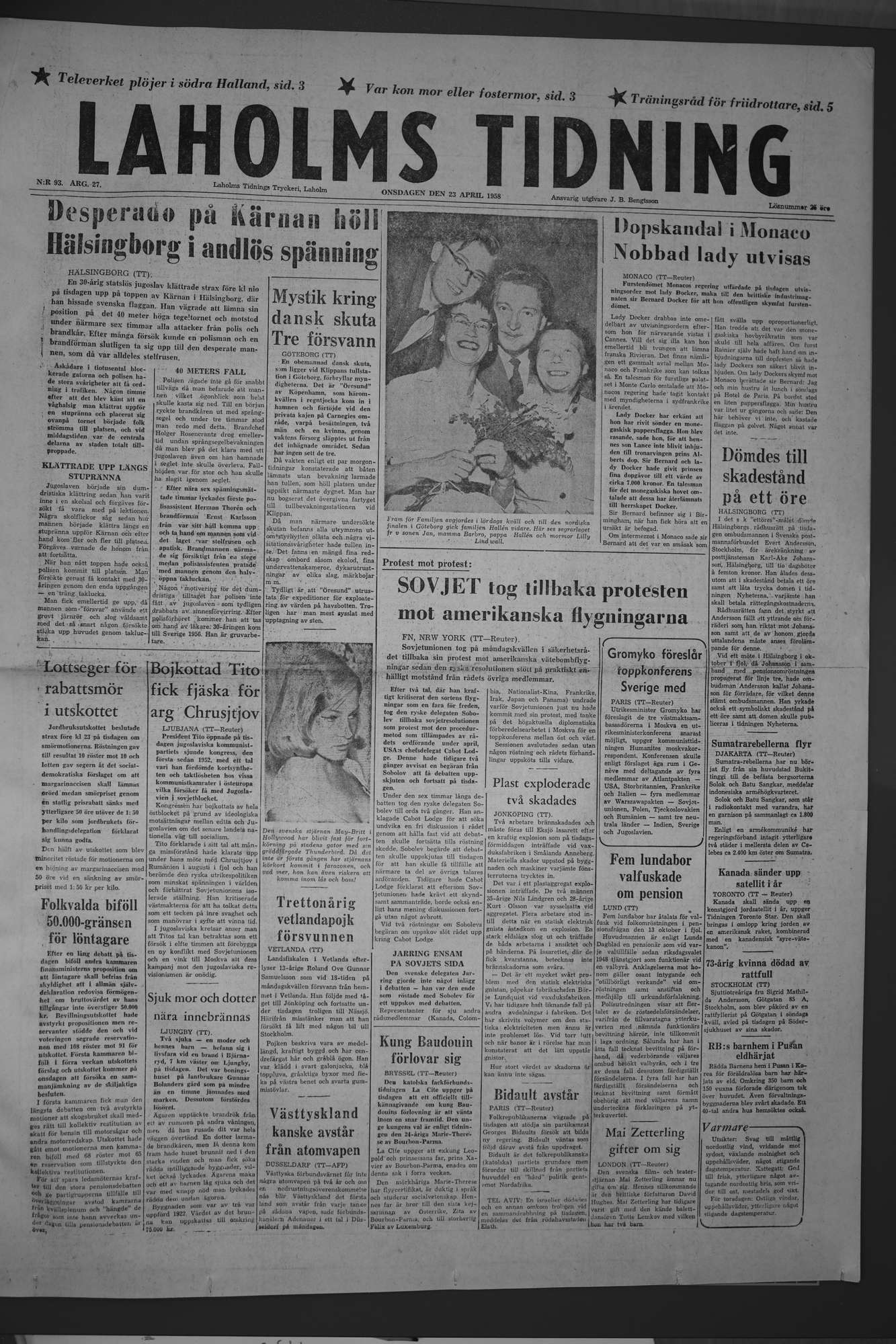Laholms Tidning Onsdag 23 april 1958, sida 1