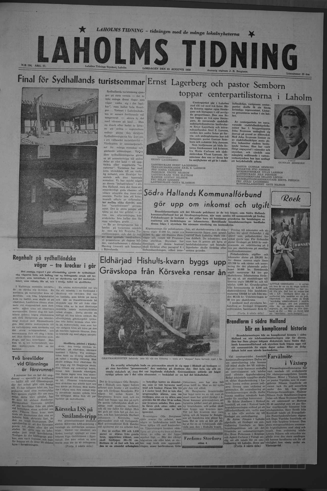 Laholms Tidning Lördag 23 augusti 1958, sida 1