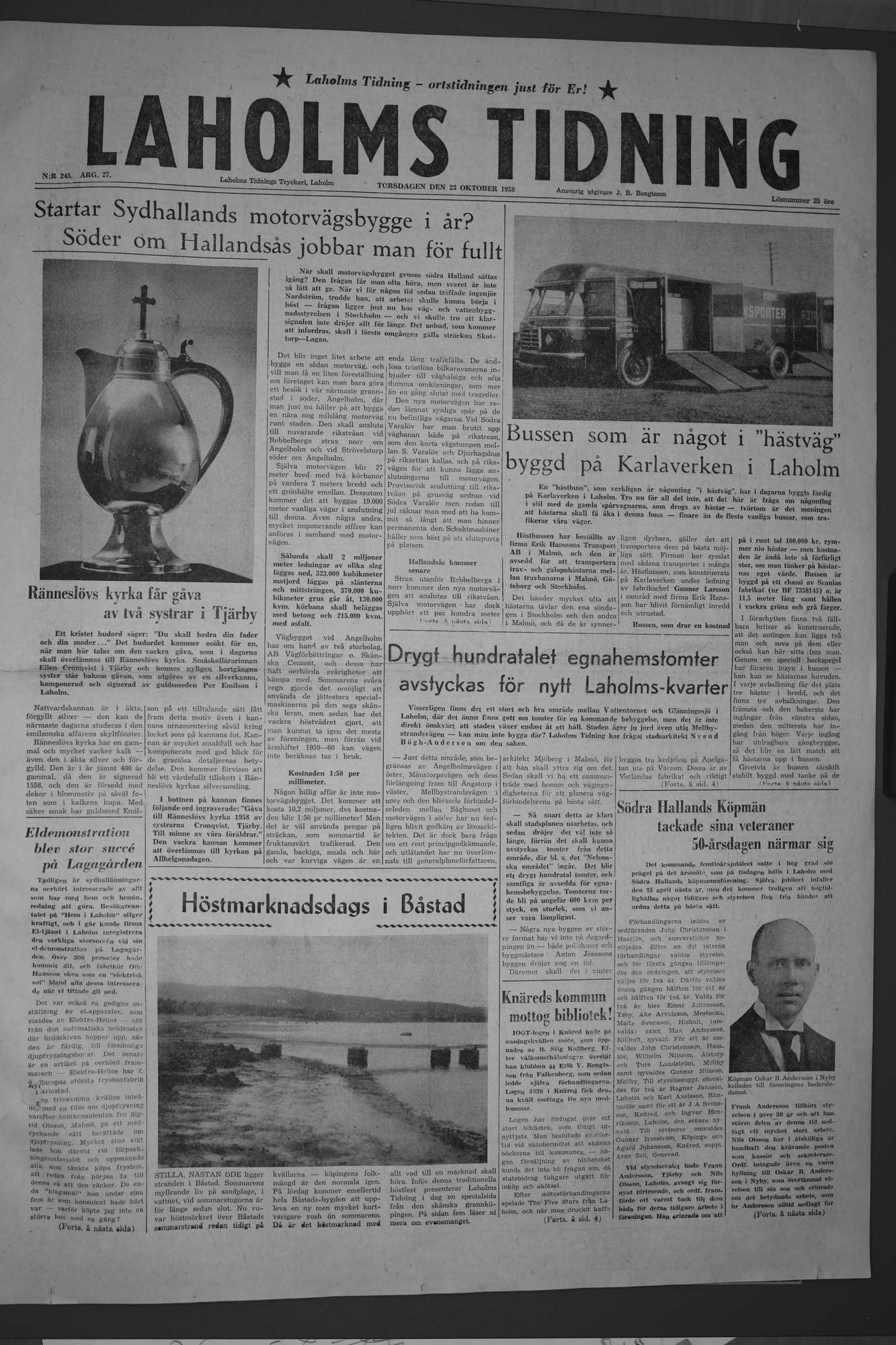 Laholms Tidning Torsdag 23 oktober 1958, sida 1