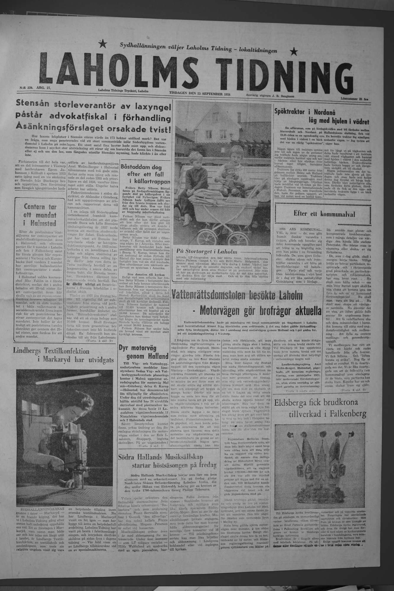 Laholms Tidning Tisdag 23 september 1958, sida 1