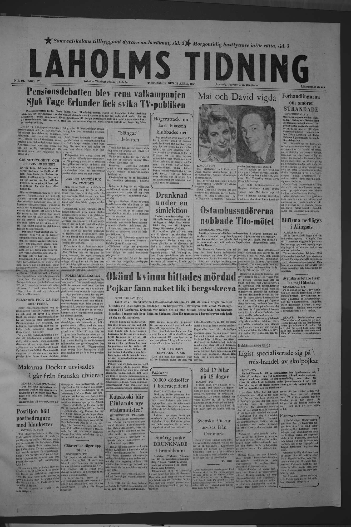 Laholms Tidning Torsdag 24 april 1958, sida 1